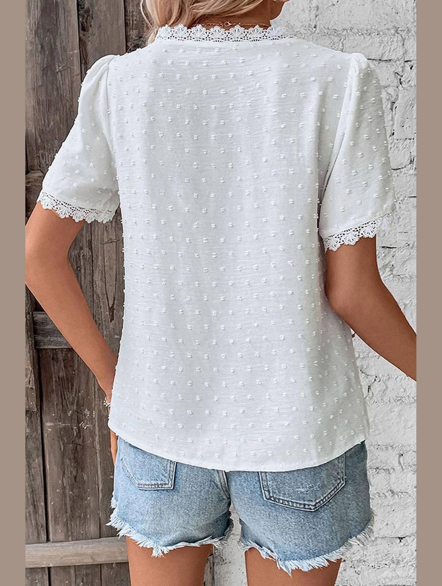 WOMEN SWISS DOT LACE TRIM NECK SHORT T SHIRT - Doublju