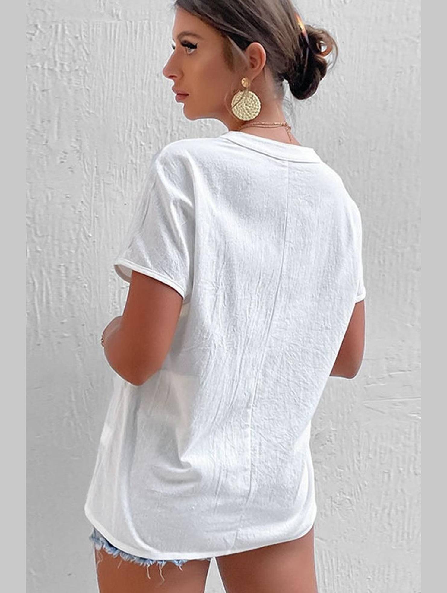 WOMEN BUTTON UP V NECK WHITE SHIRTS - Doublju