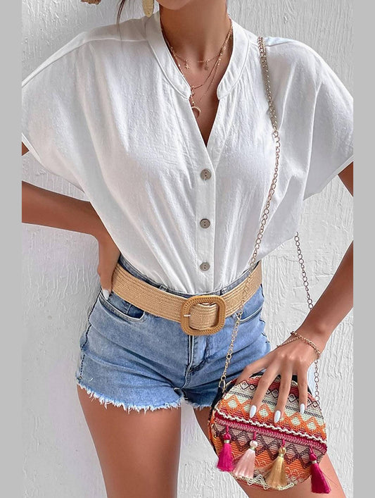 WOMEN BUTTON UP V NECK WHITE SHIRTS - Doublju