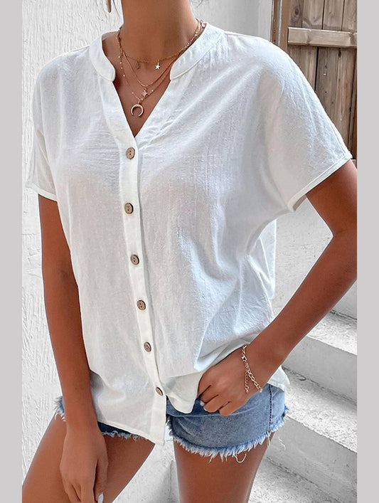 WOMEN BUTTON UP V NECK WHITE SHIRTS - Doublju
