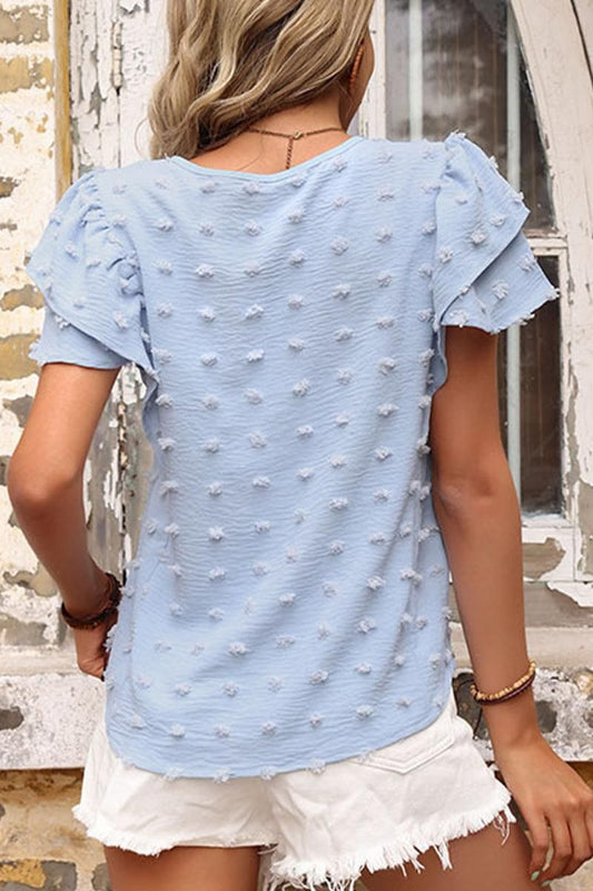 WOMEN PETAL SLEEVE SWISS DOT BLUE TEE - Doublju