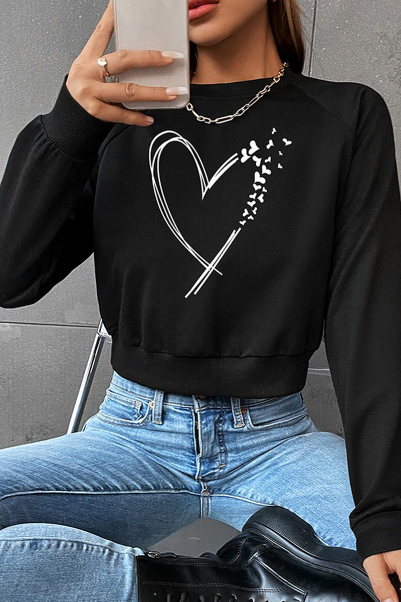 WOMEN HEART PRINTING LONG SLEEVE CROP PULLOVER
