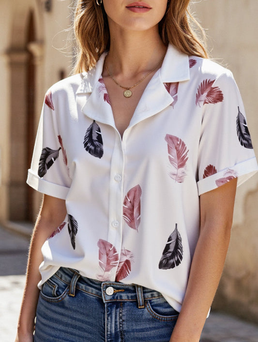 Suit Collar Feather Detail Shirt ??Short Sleeve Loose Fit, S??œXL