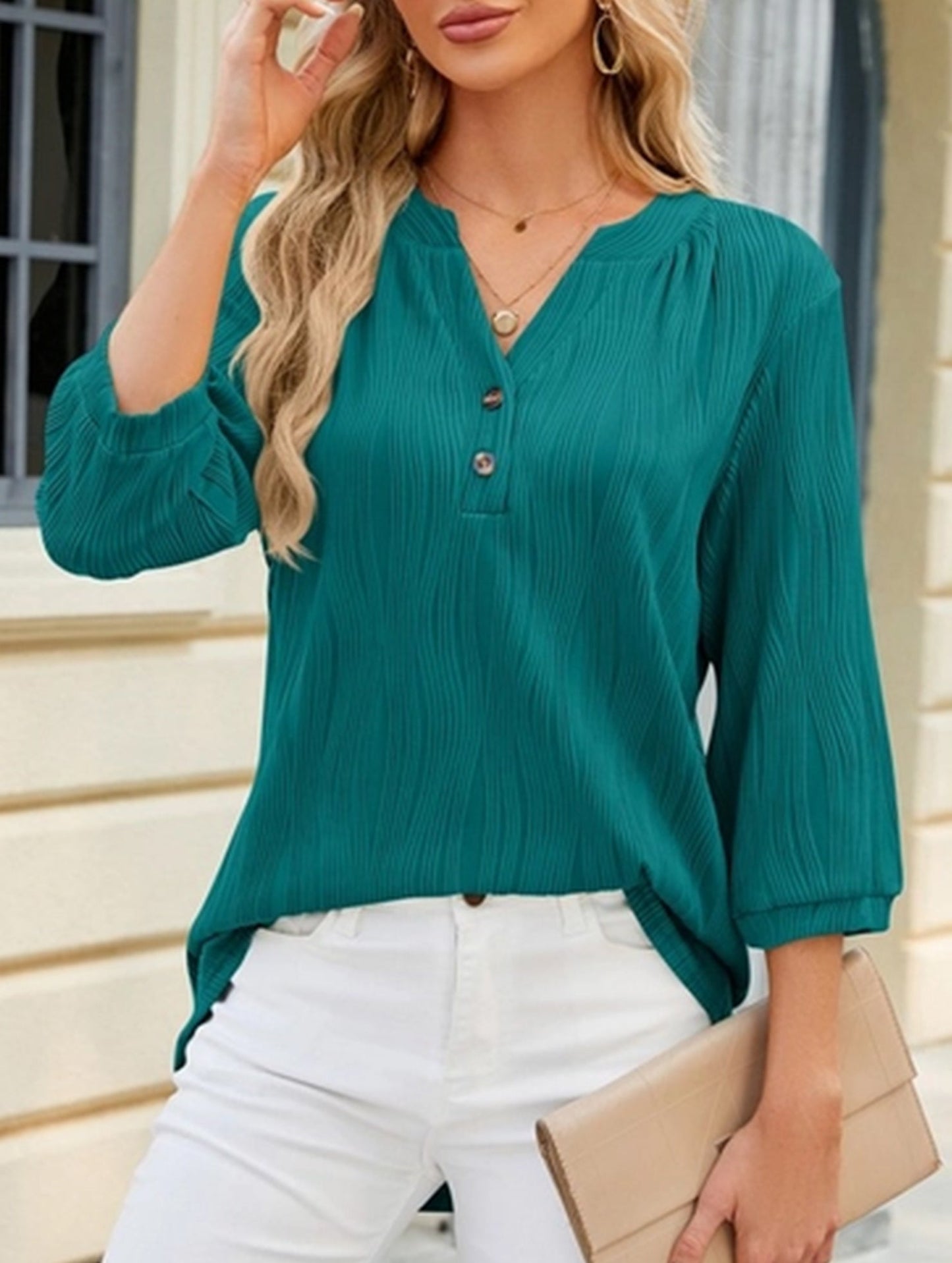 Solid V-Neck Button T-Shirt ??Loose Fit Casual Top