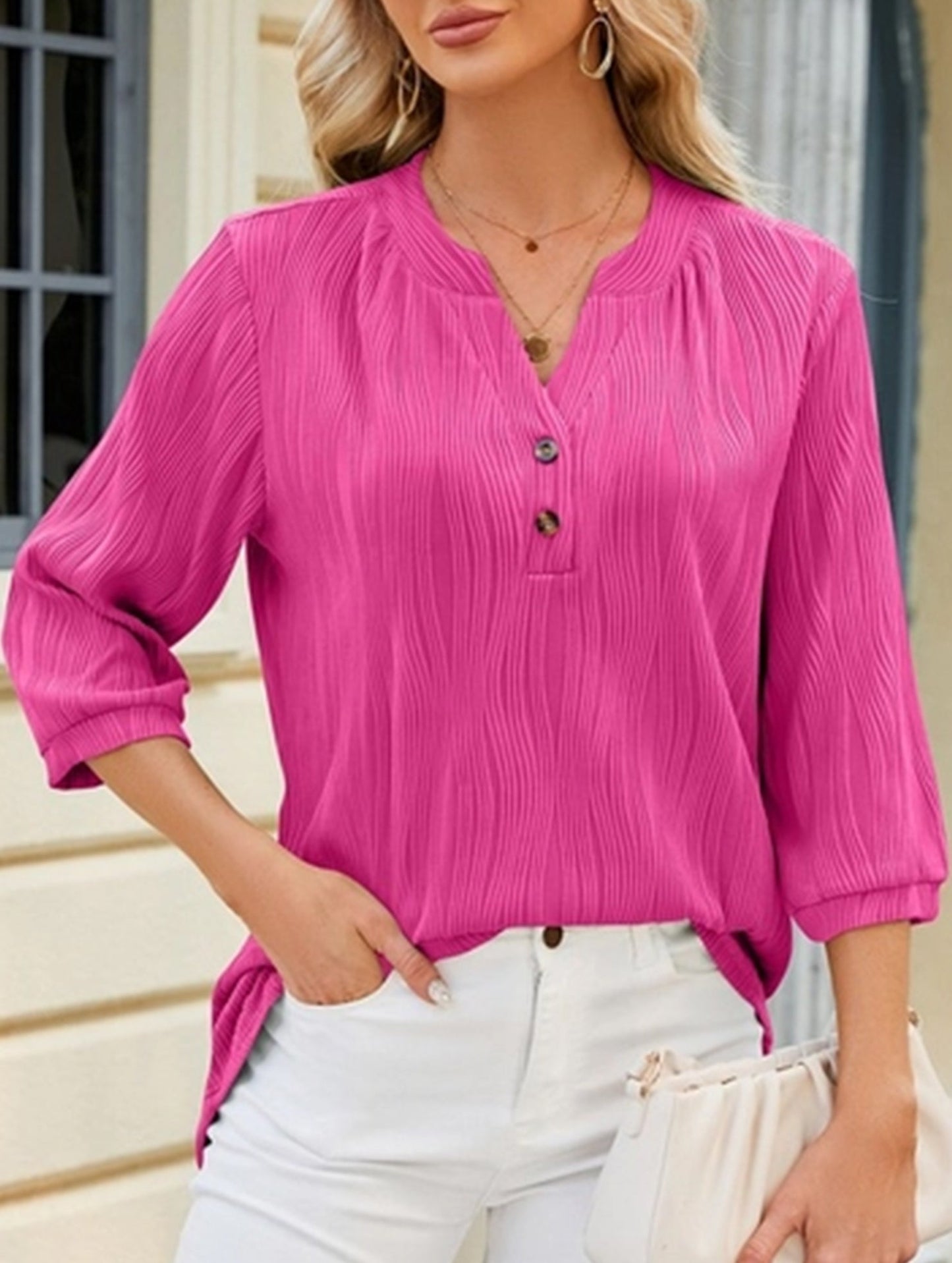 Solid V-Neck Button T-Shirt ??Loose Fit Casual Top