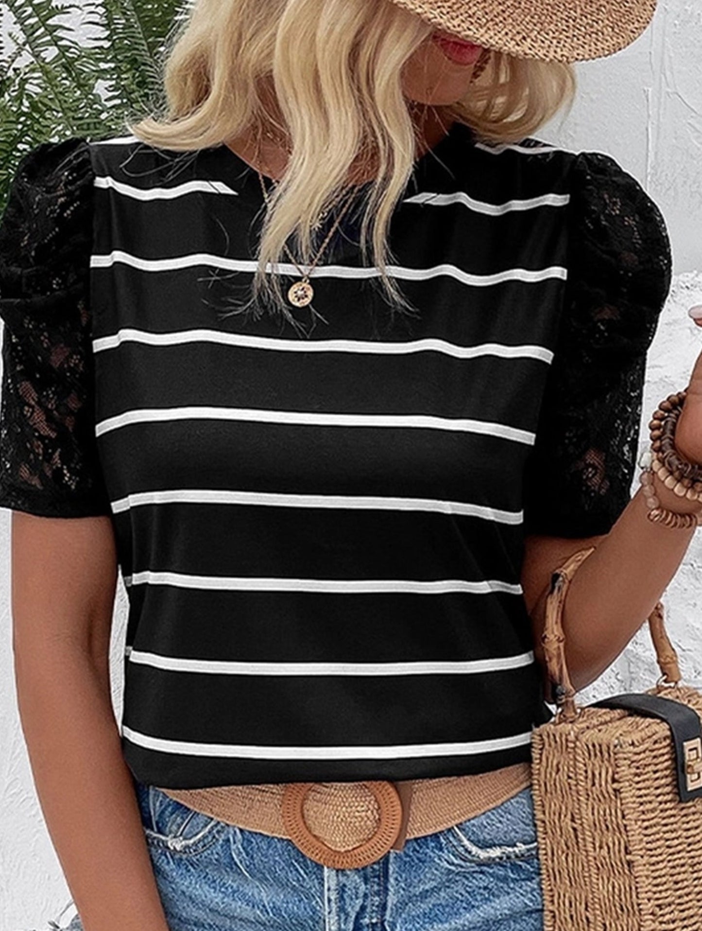 Lace Short Sleeve Striped Slim Fit Top ??S to XL