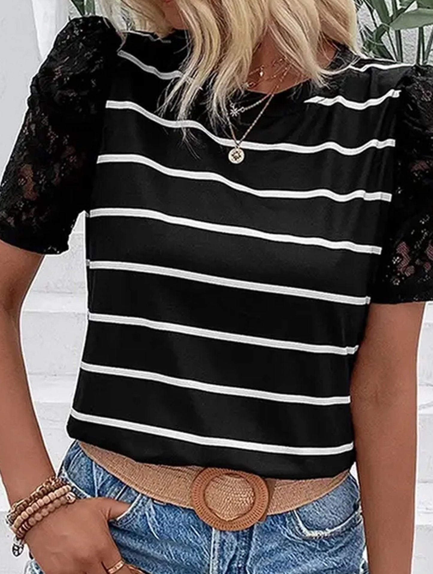 Lace Short Sleeve Striped Slim Fit Top ??S to XL