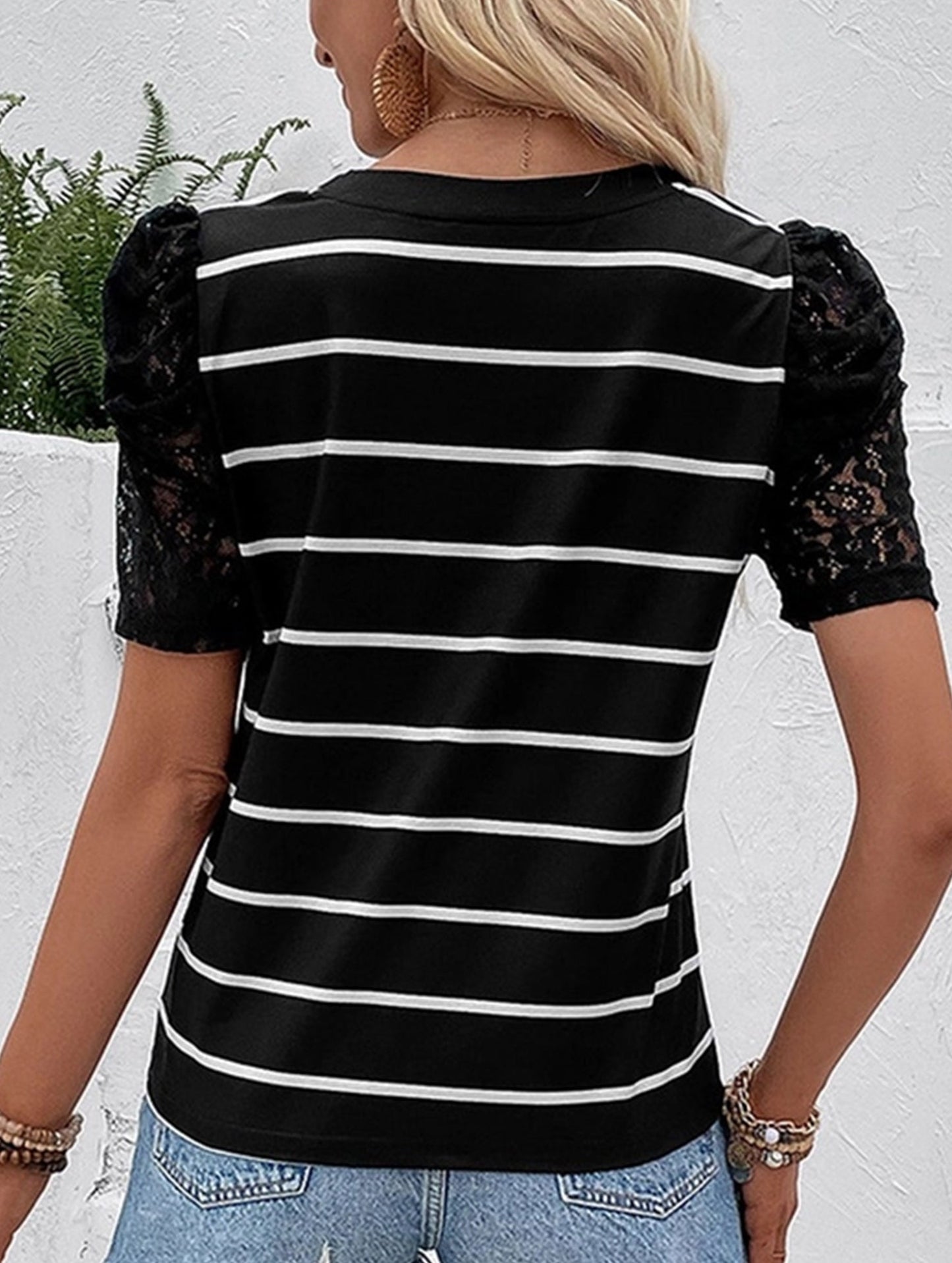 Lace Short Sleeve Striped Slim Fit Top ??S to XL