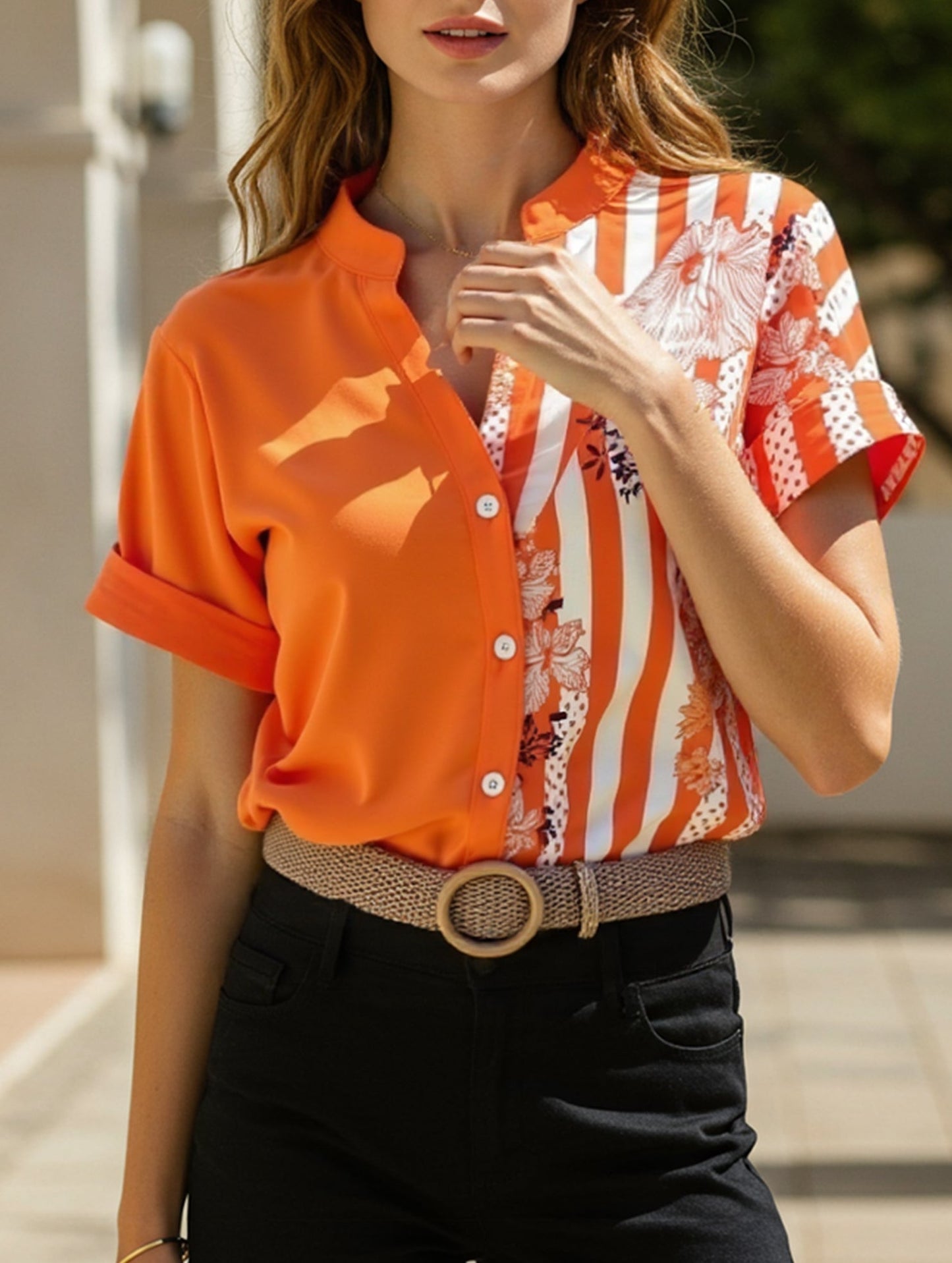 DOUBLE COLOR FLORAL BUTTON-UP SHIRT_CWTSTS0417