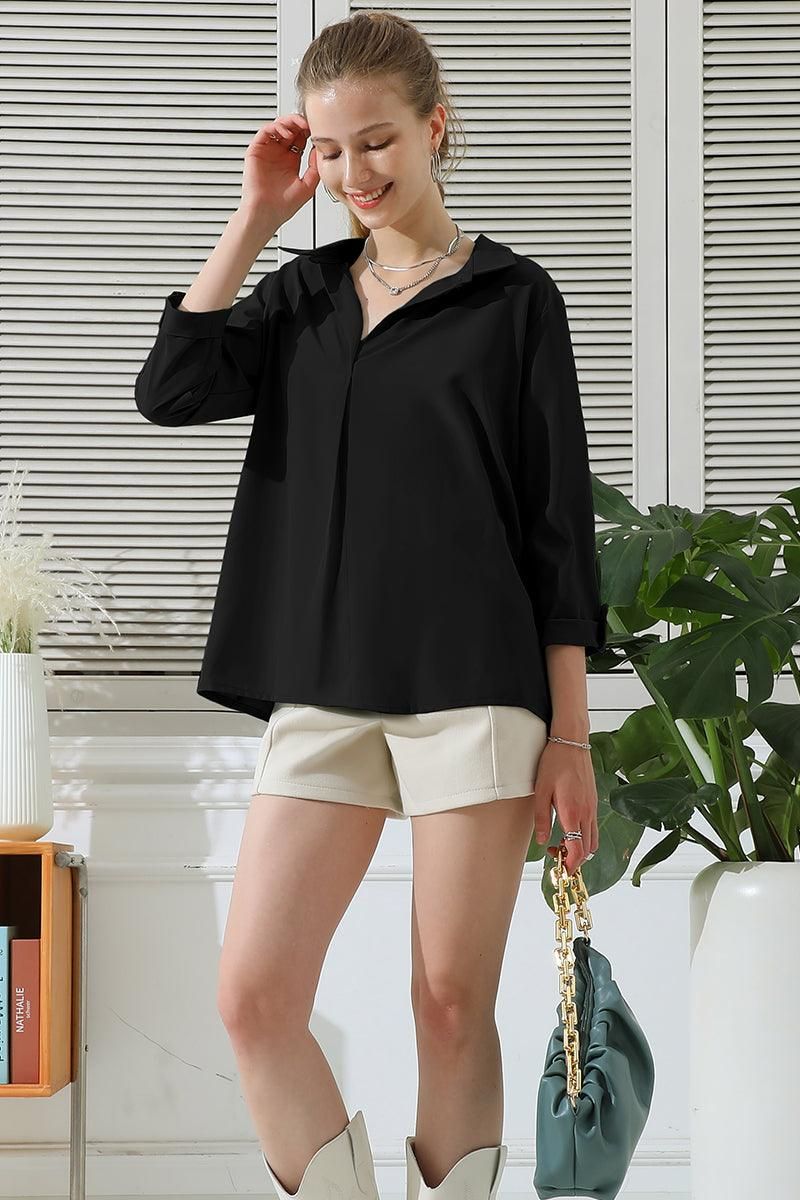 JOHNNY COLLARS 3/4 SLEEVE BLOUSE TOP WITH POCKETS - Doublju