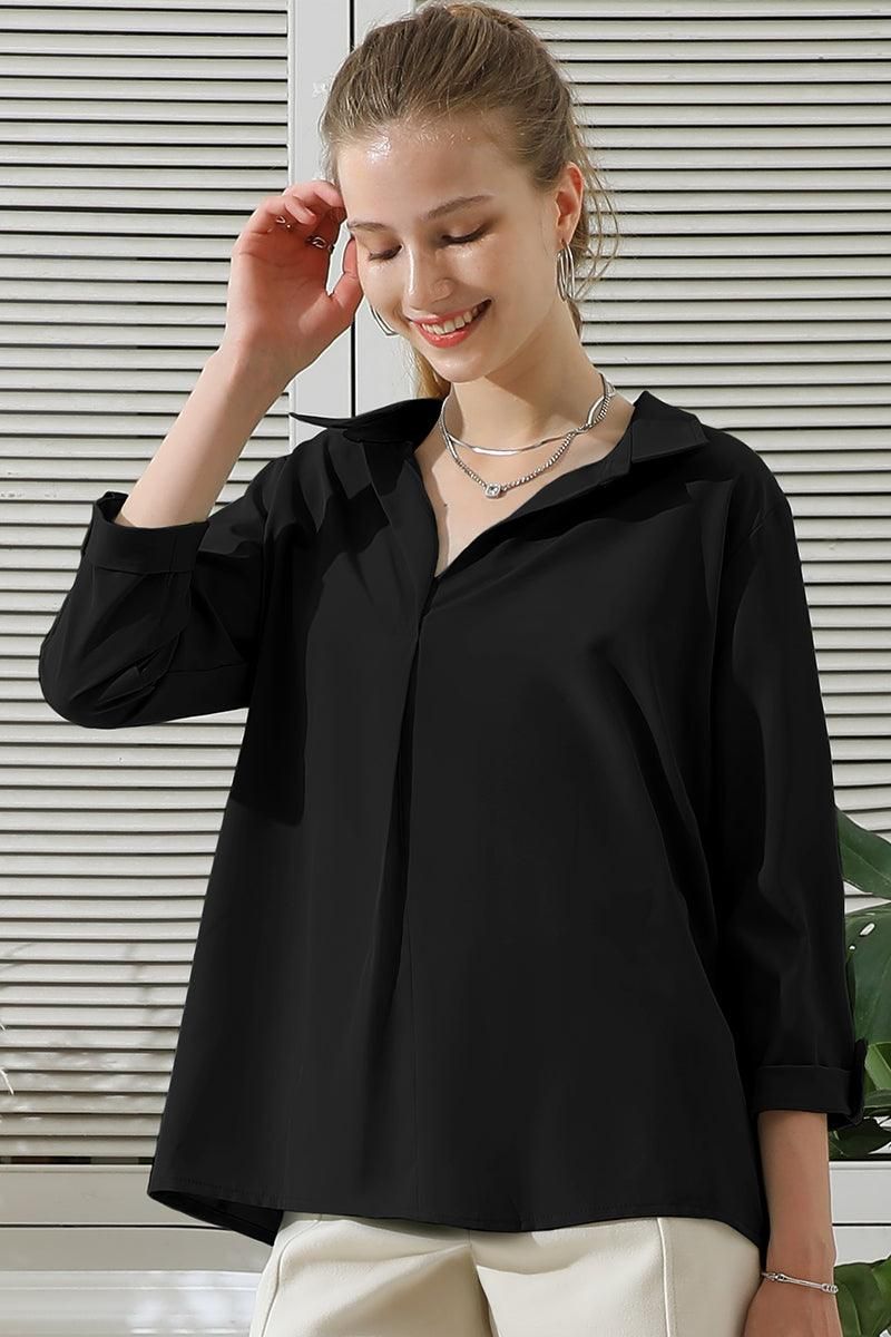 JOHNNY COLLARS 3/4 SLEEVE BLOUSE TOP WITH POCKETS - Doublju