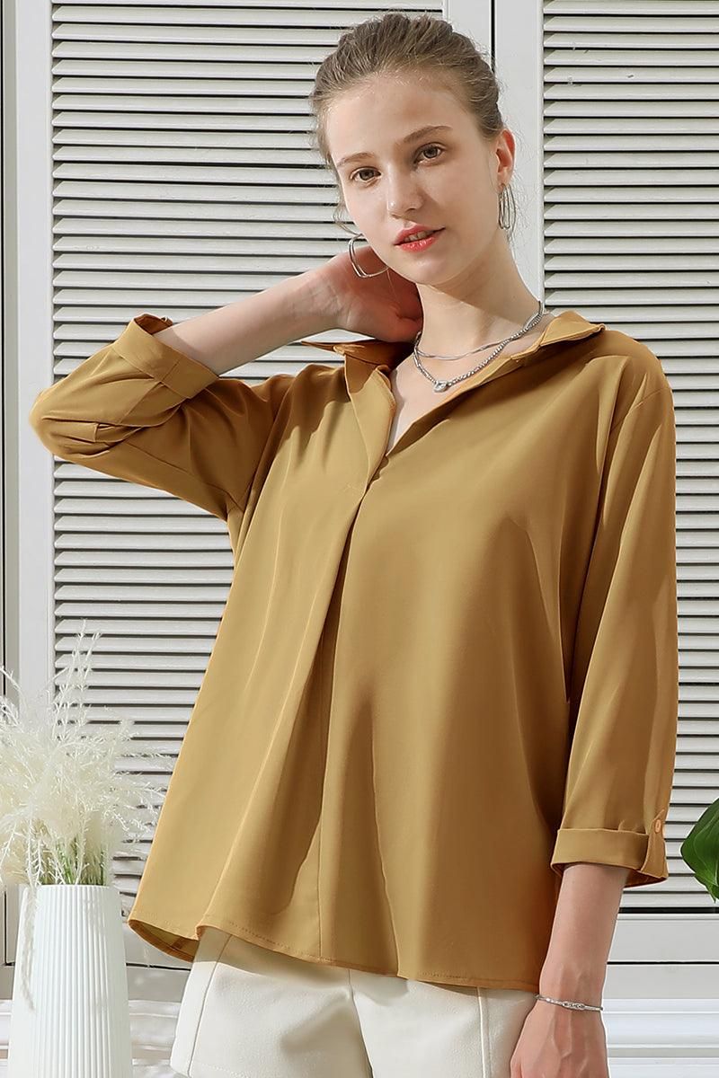 JOHNNY COLLARS 3/4 SLEEVE BLOUSE TOP WITH POCKETS - Doublju