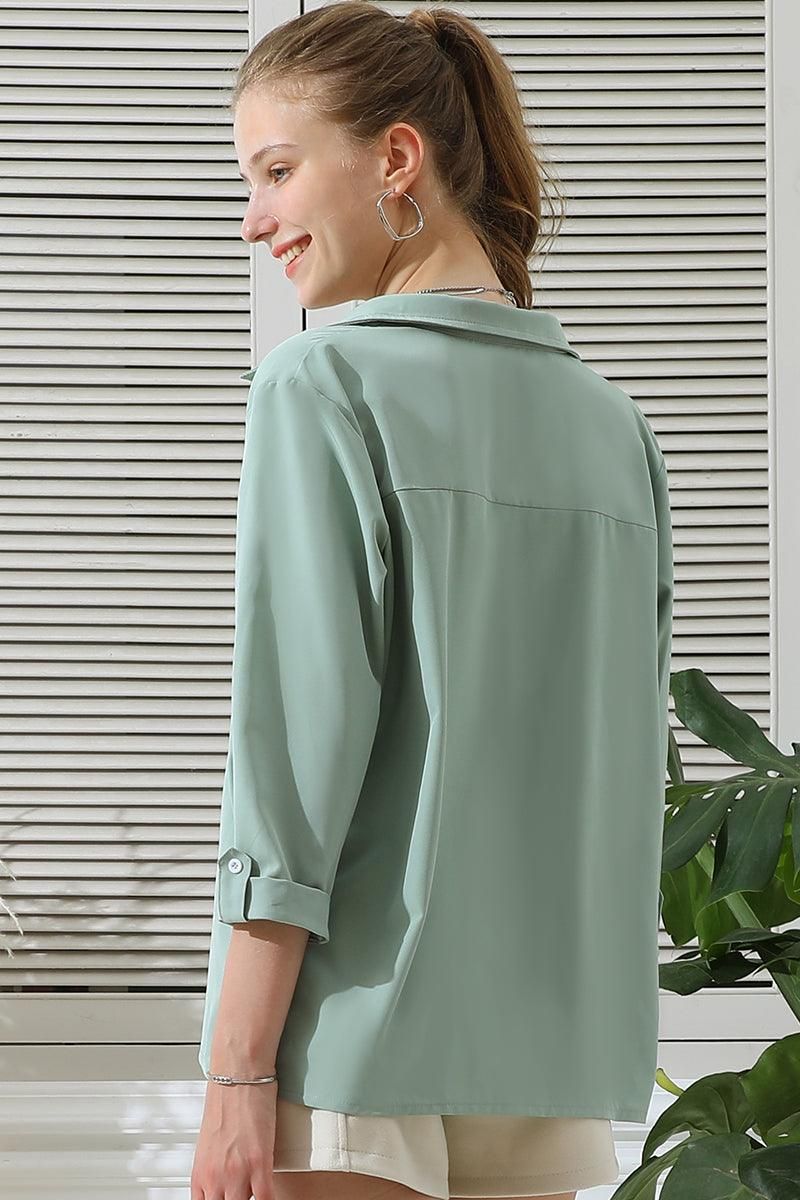 JOHNNY COLLARS 3/4 SLEEVE BLOUSE TOP WITH POCKETS - Doublju