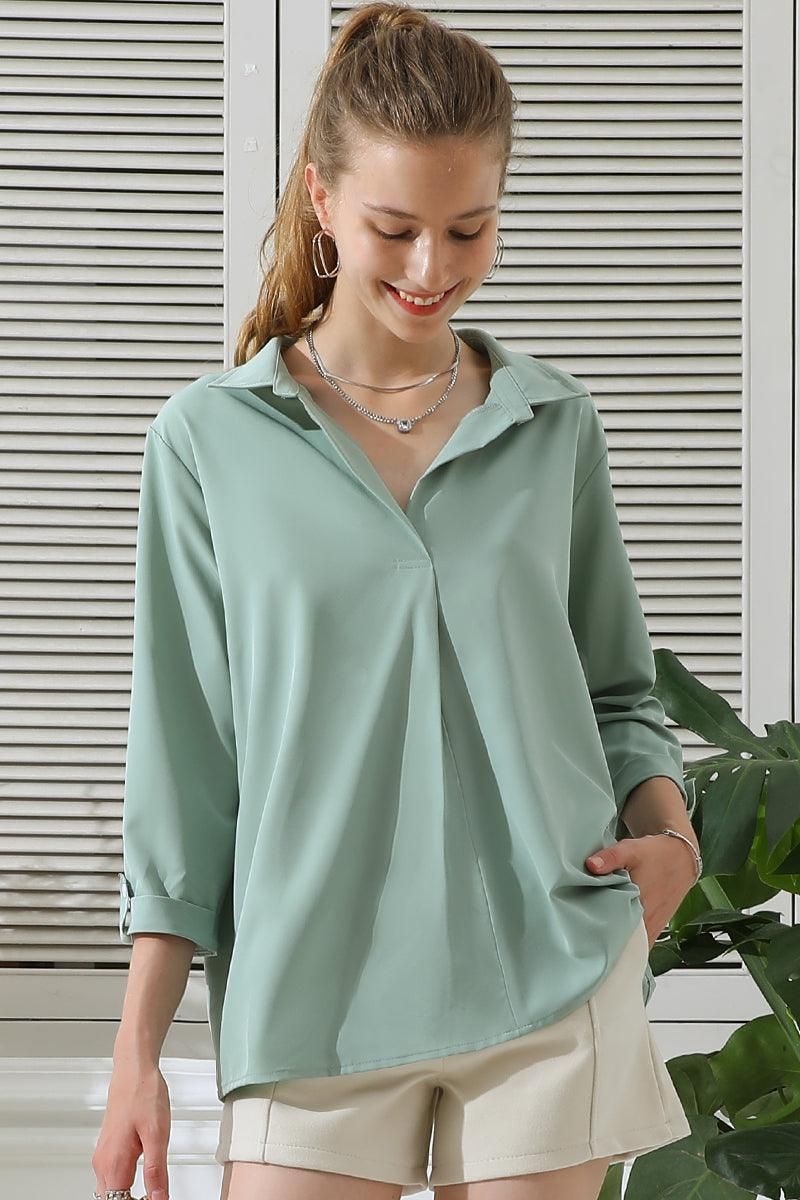 JOHNNY COLLARS 3/4 SLEEVE BLOUSE TOP WITH POCKETS - Doublju
