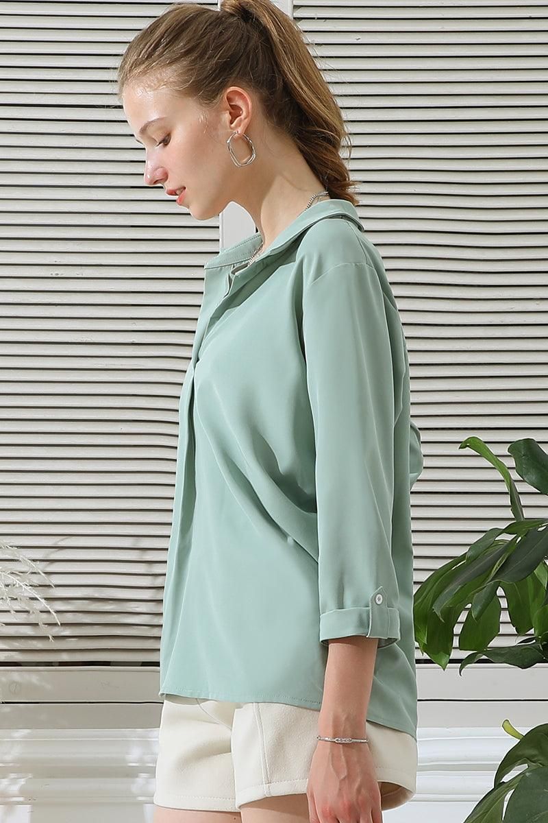 JOHNNY COLLARS 3/4 SLEEVE BLOUSE TOP WITH POCKETS - Doublju