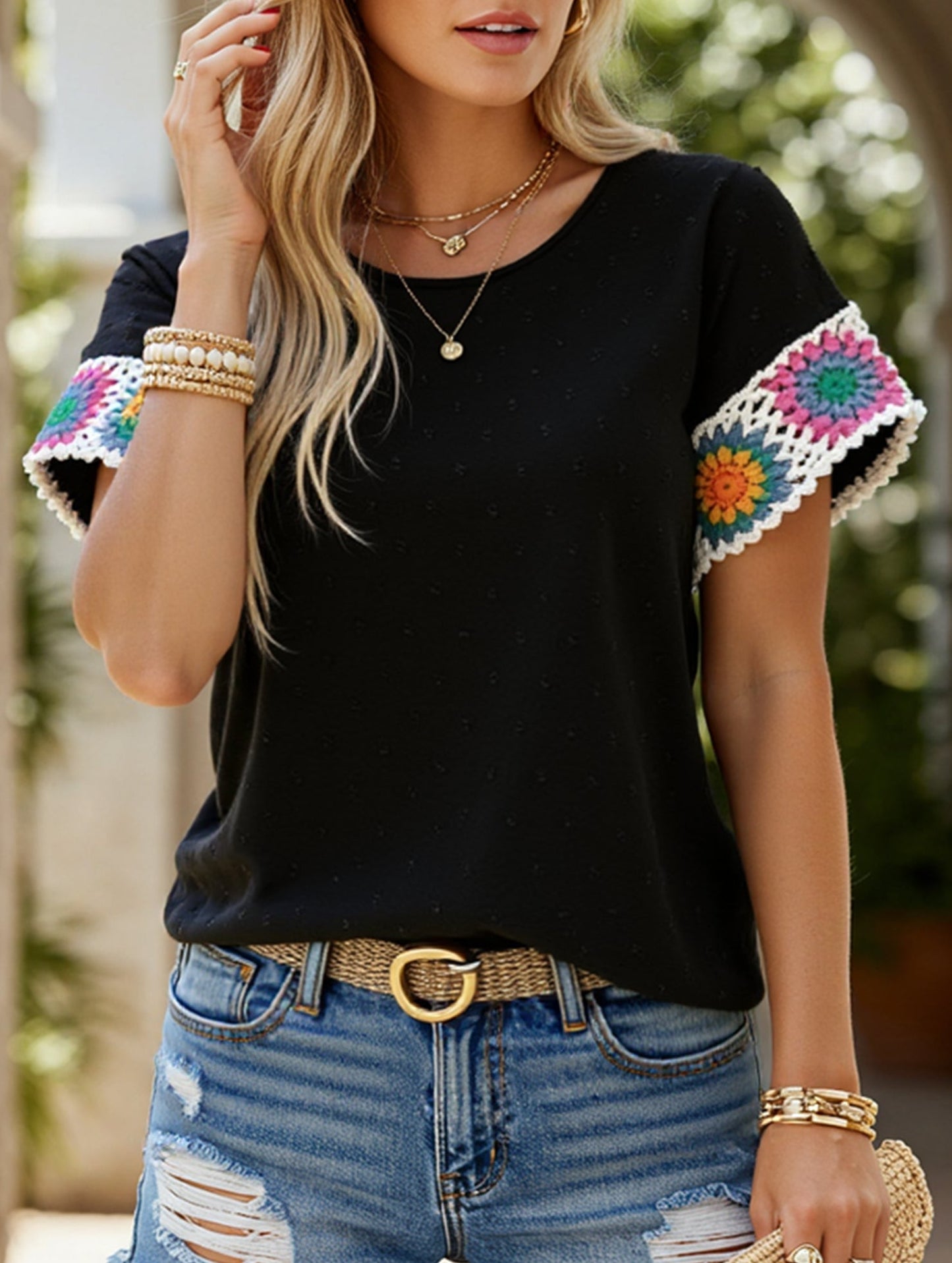 Embroidered Polka Dot Top ??Women's Casual Round Neck Short Sleeve Blouse