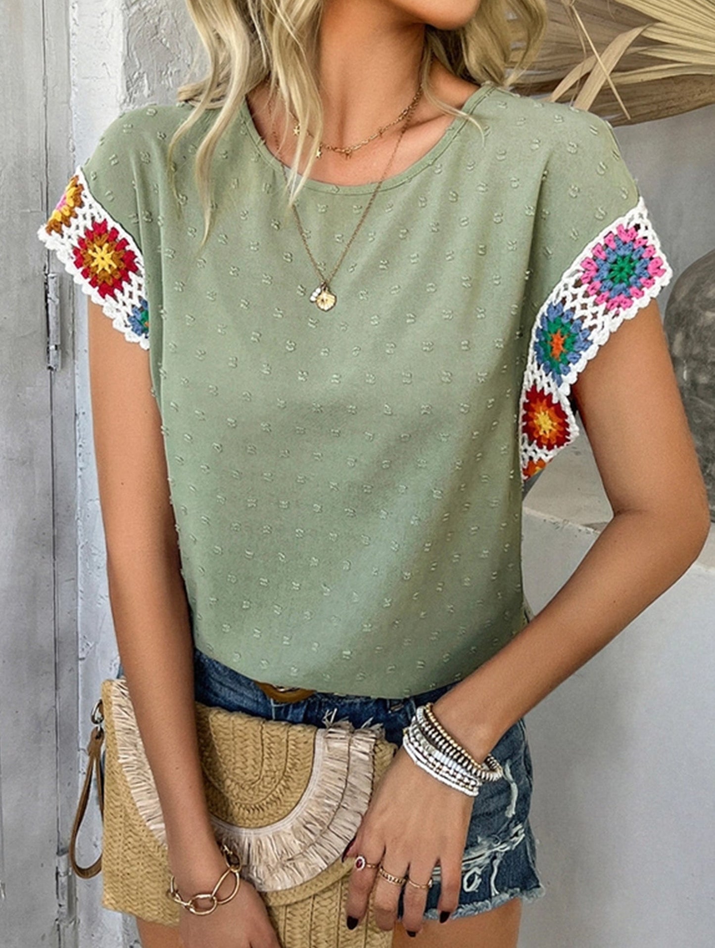 Embroidered Polka Dot Top ??Women's Casual Round Neck Short Sleeve Blouse