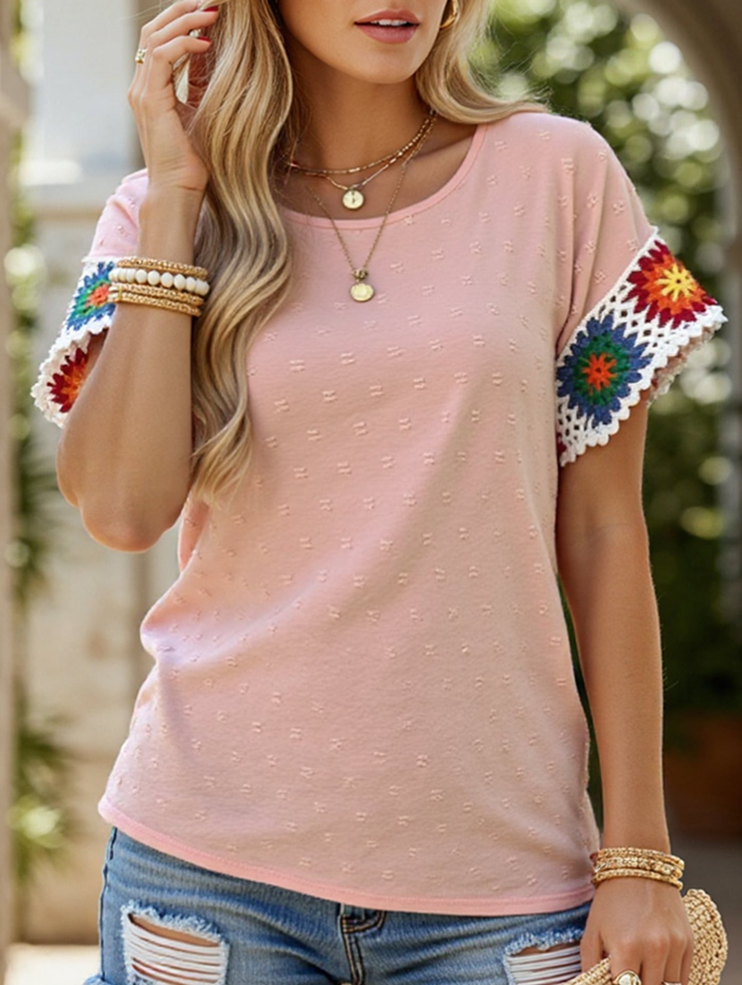 Embroidered Polka Dot Top ??Women's Casual Round Neck Short Sleeve Blouse