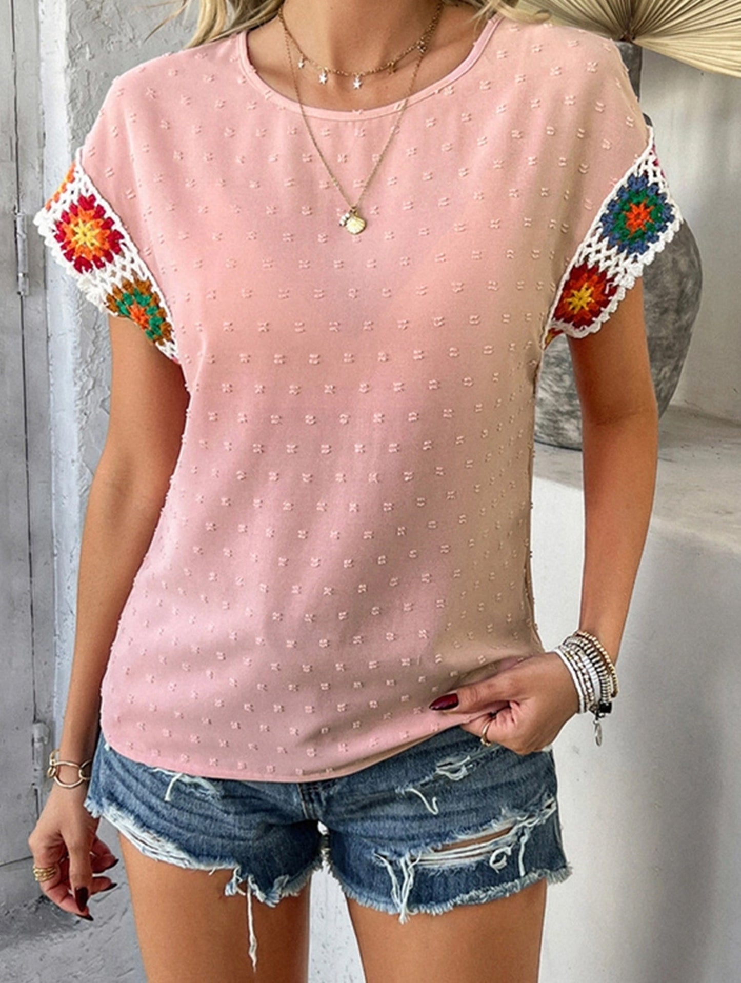 Embroidered Polka Dot Top ??Women's Casual Round Neck Short Sleeve Blouse