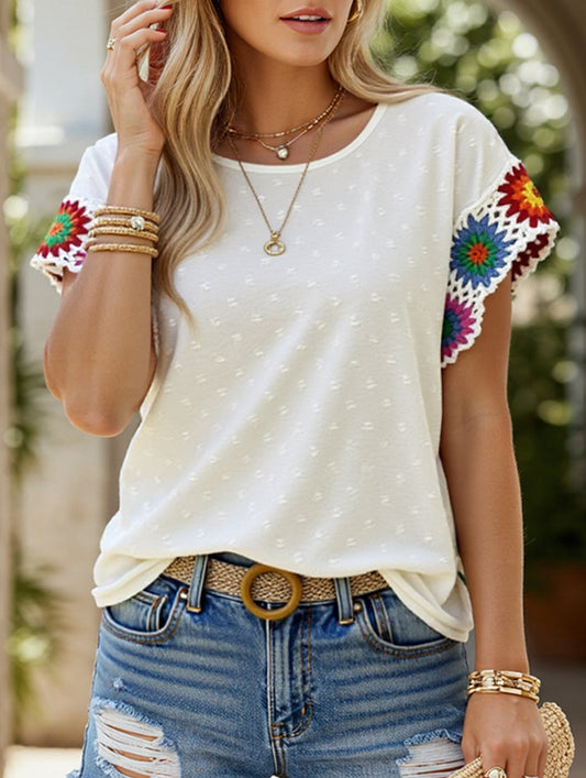 Embroidered Polka Dot Top ??Women's Casual Round Neck Short Sleeve Blouse