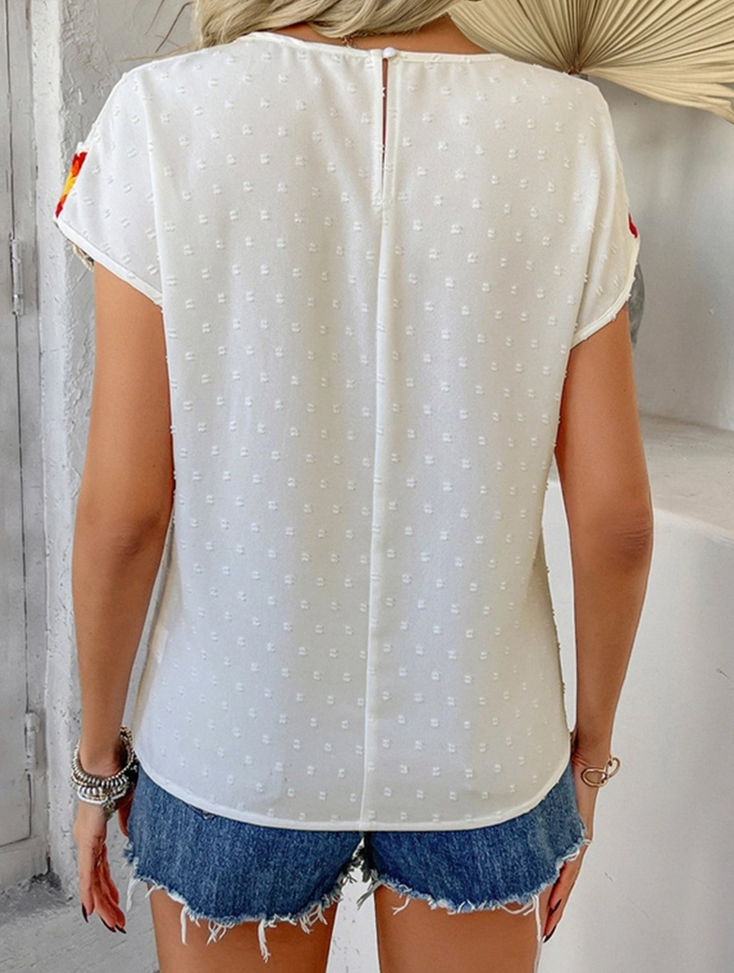 Embroidered Polka Dot Top ??Women's Casual Round Neck Short Sleeve Blouse
