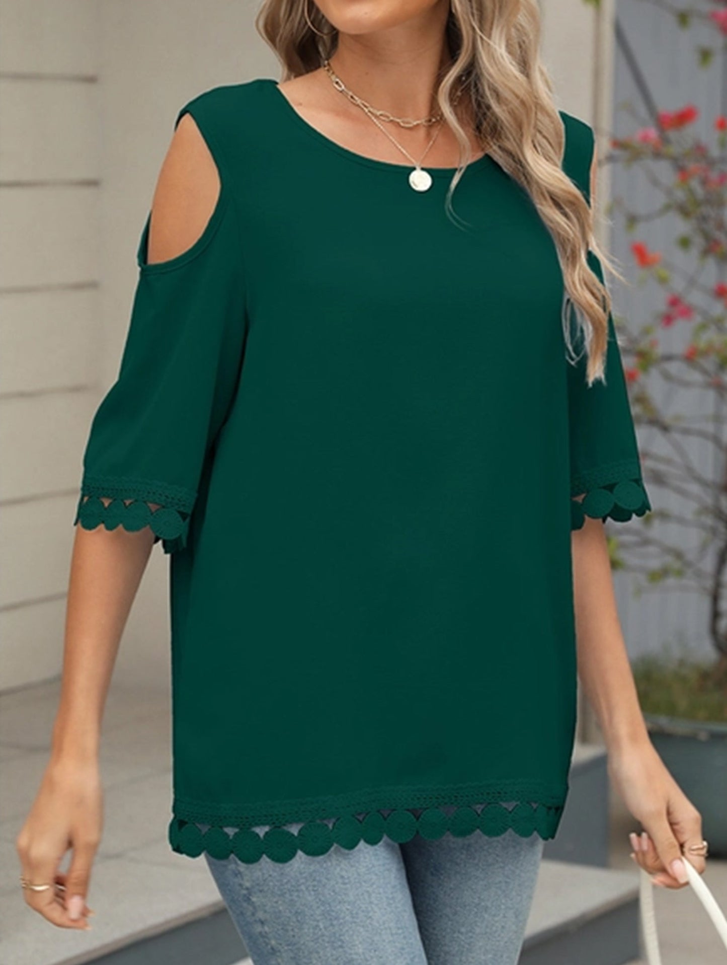 Romantic Lace Chiffon Off-Shoulder Blouse ??Loose Fit Round Neck Top
