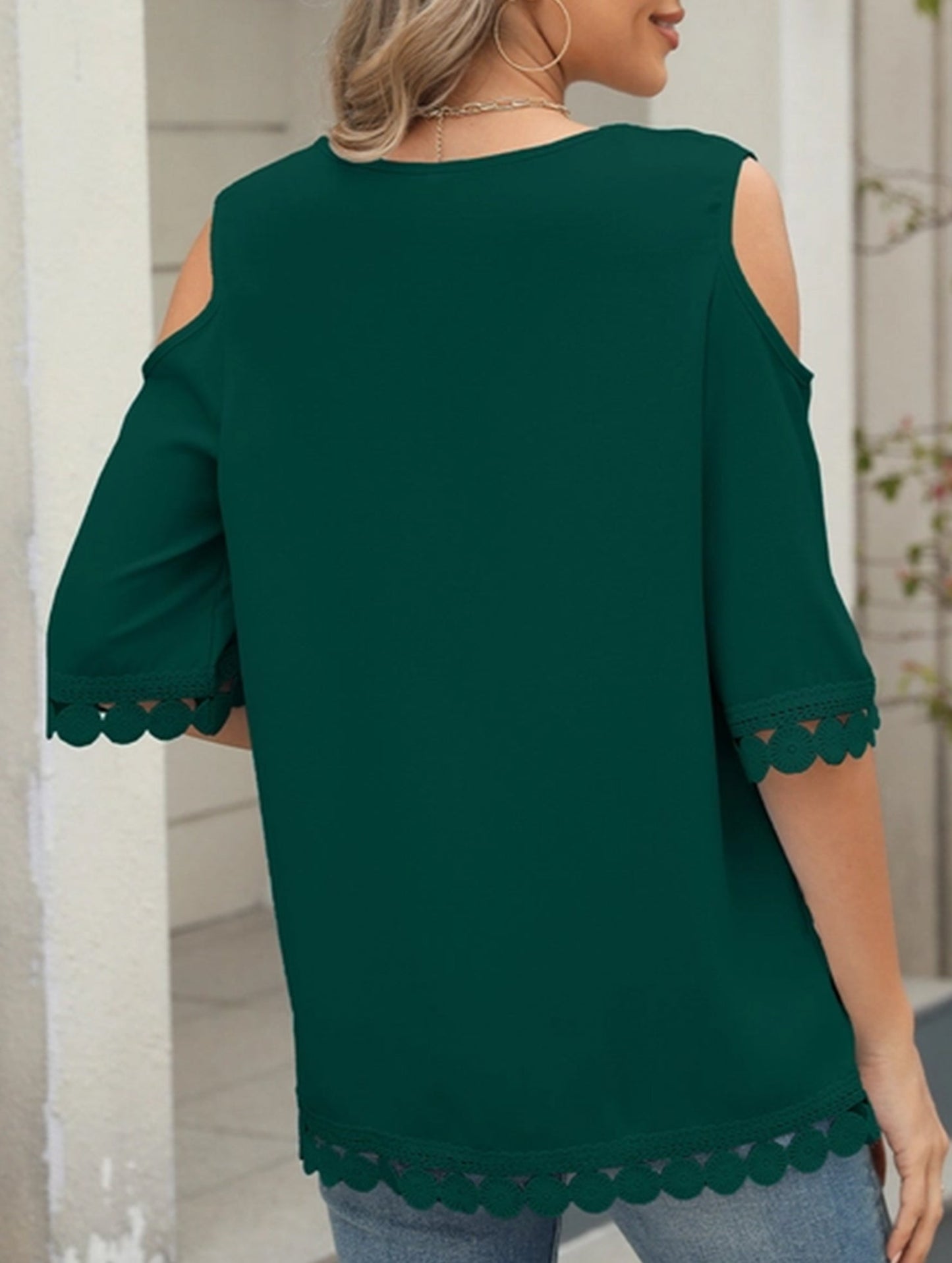 Romantic Lace Chiffon Off-Shoulder Blouse ??Loose Fit Round Neck Top