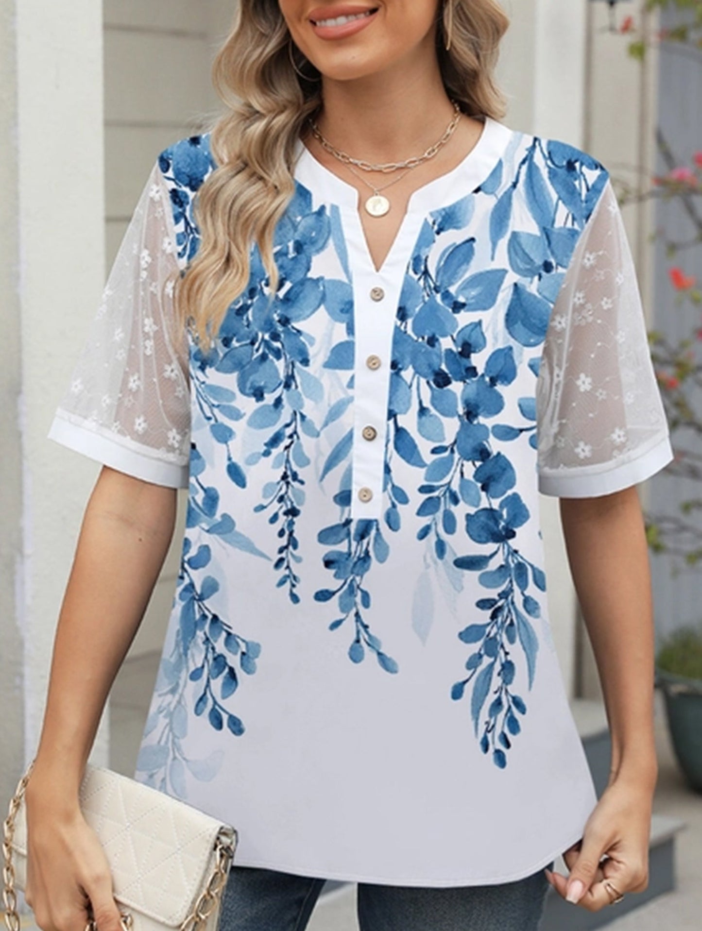 Summer Chiffon Blouse for Women ??V-Neck Lace Sleeve Printed Top