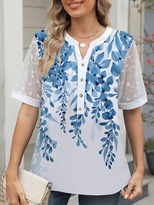 Summer Chiffon Blouse for Women ??V-Neck Lace Sleeve Printed Top