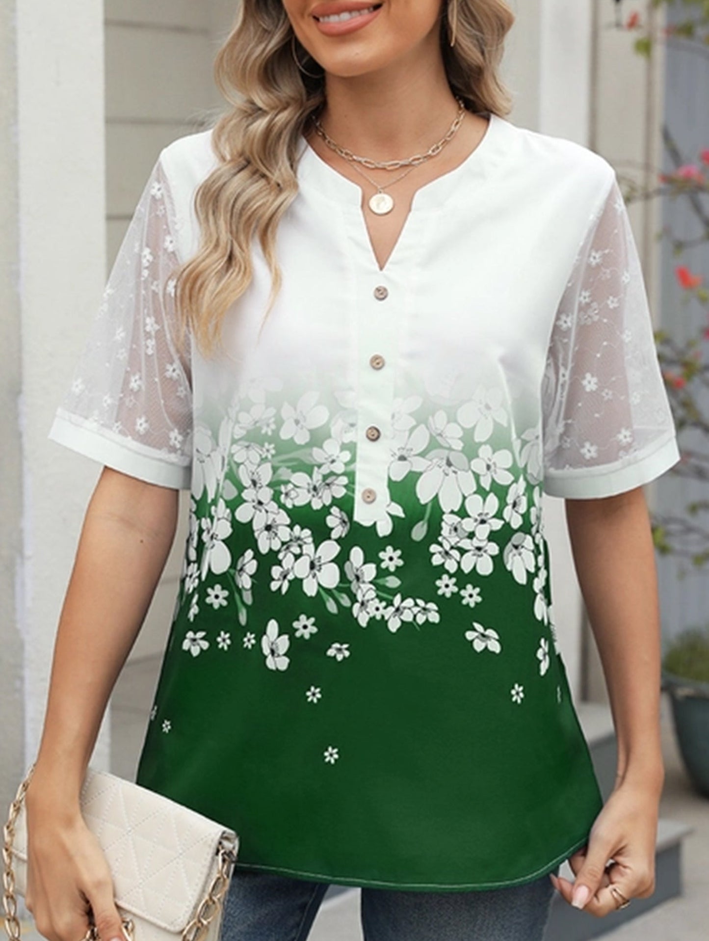 Summer Chiffon Blouse for Women ??V-Neck Lace Sleeve Printed Top