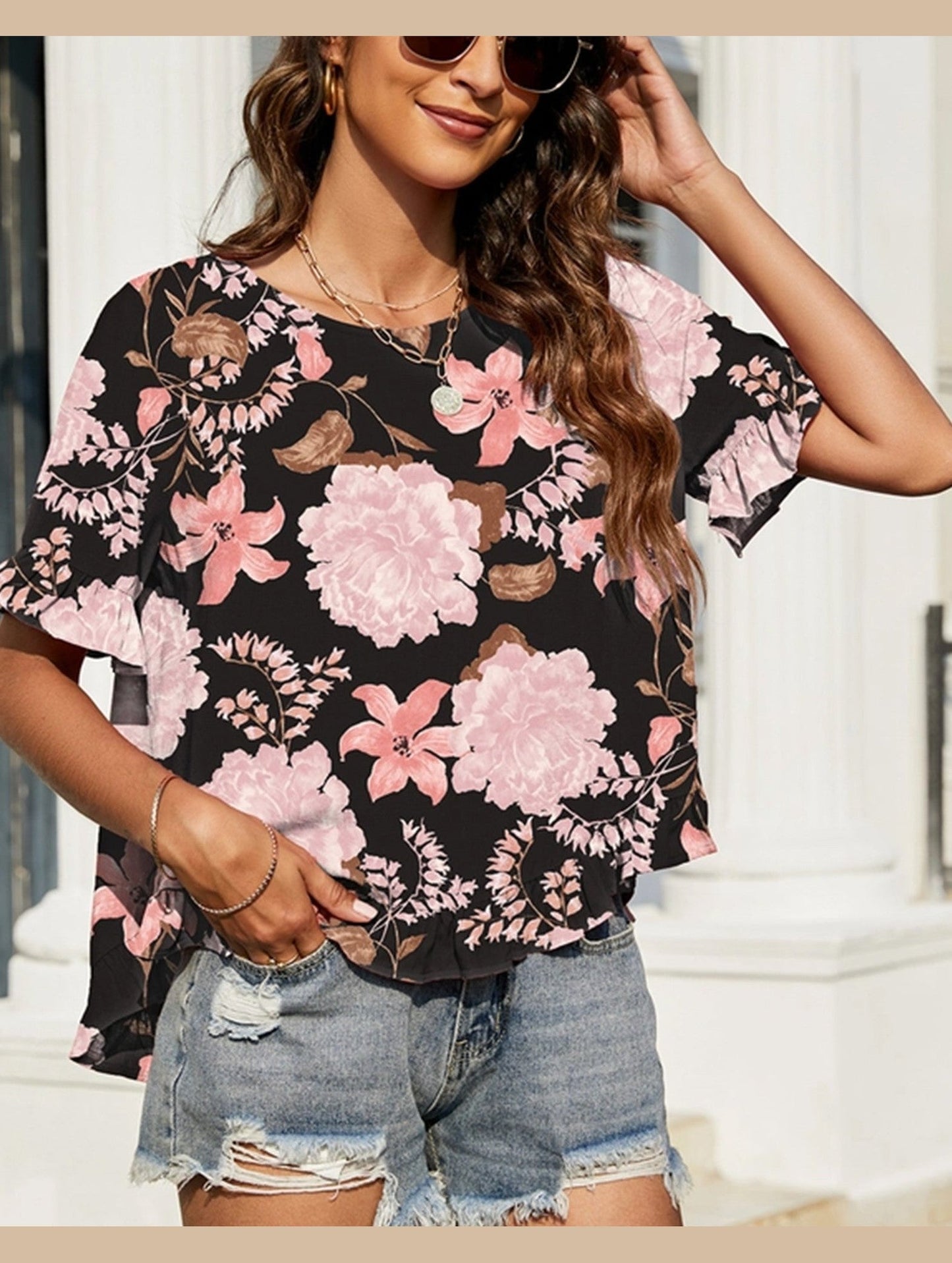 CREW NECK SHORT FRONT LONG BACK CASUAL LOOSE TOP