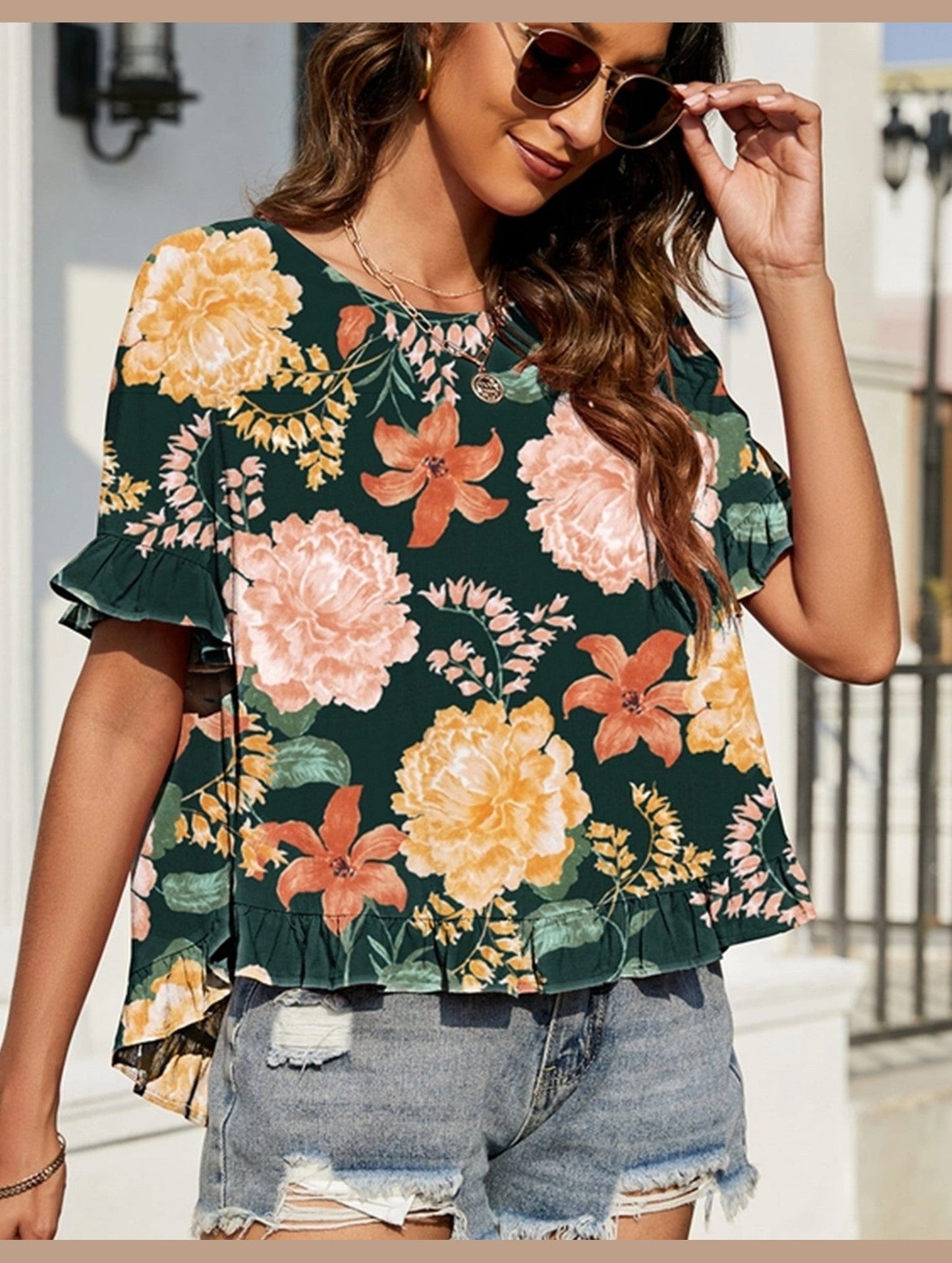 CREW NECK SHORT FRONT LONG BACK CASUAL LOOSE TOP