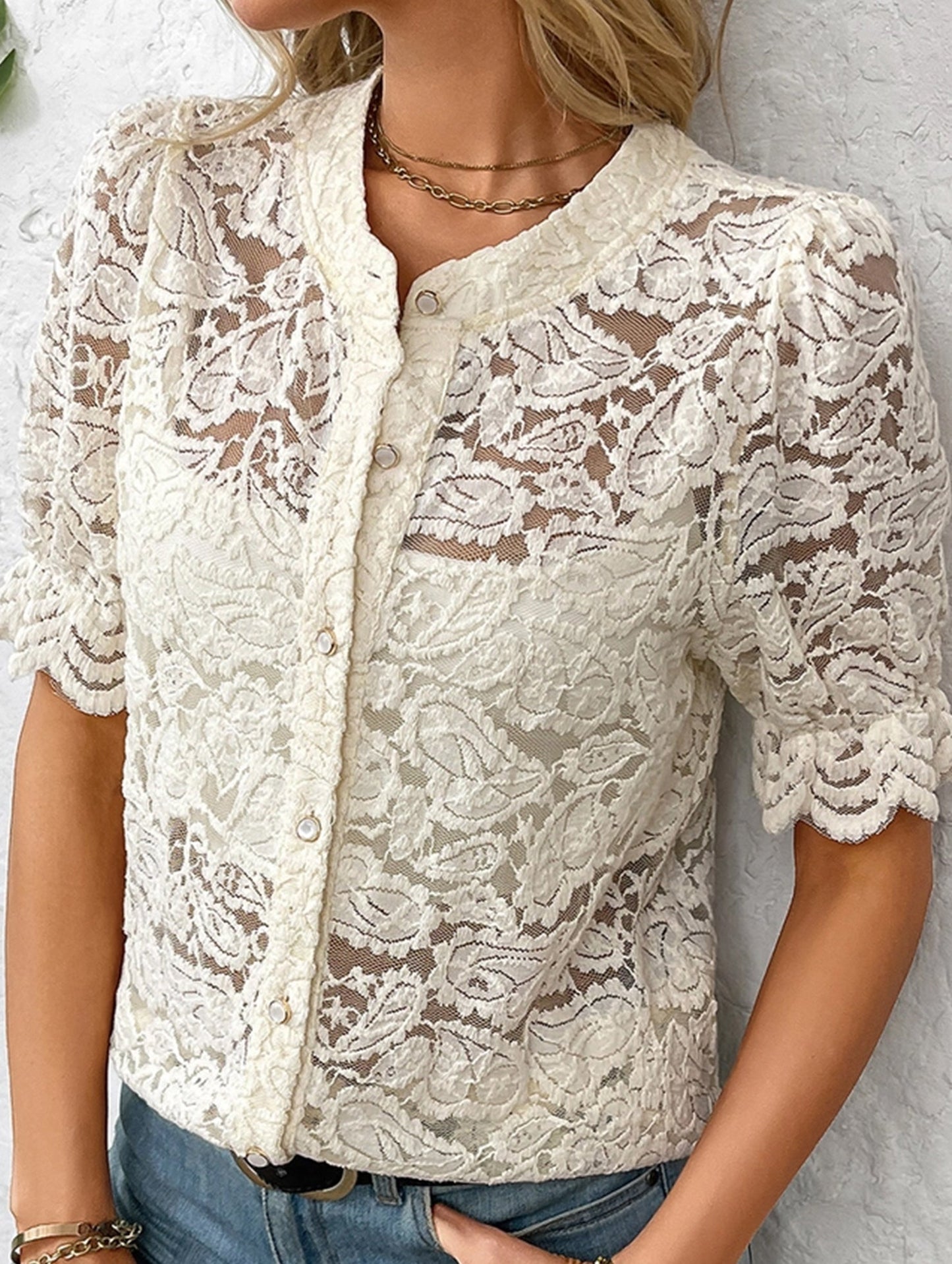Lace Short Sleeve Button-Up Shirt ??Casual & Lightweight, S??œXL