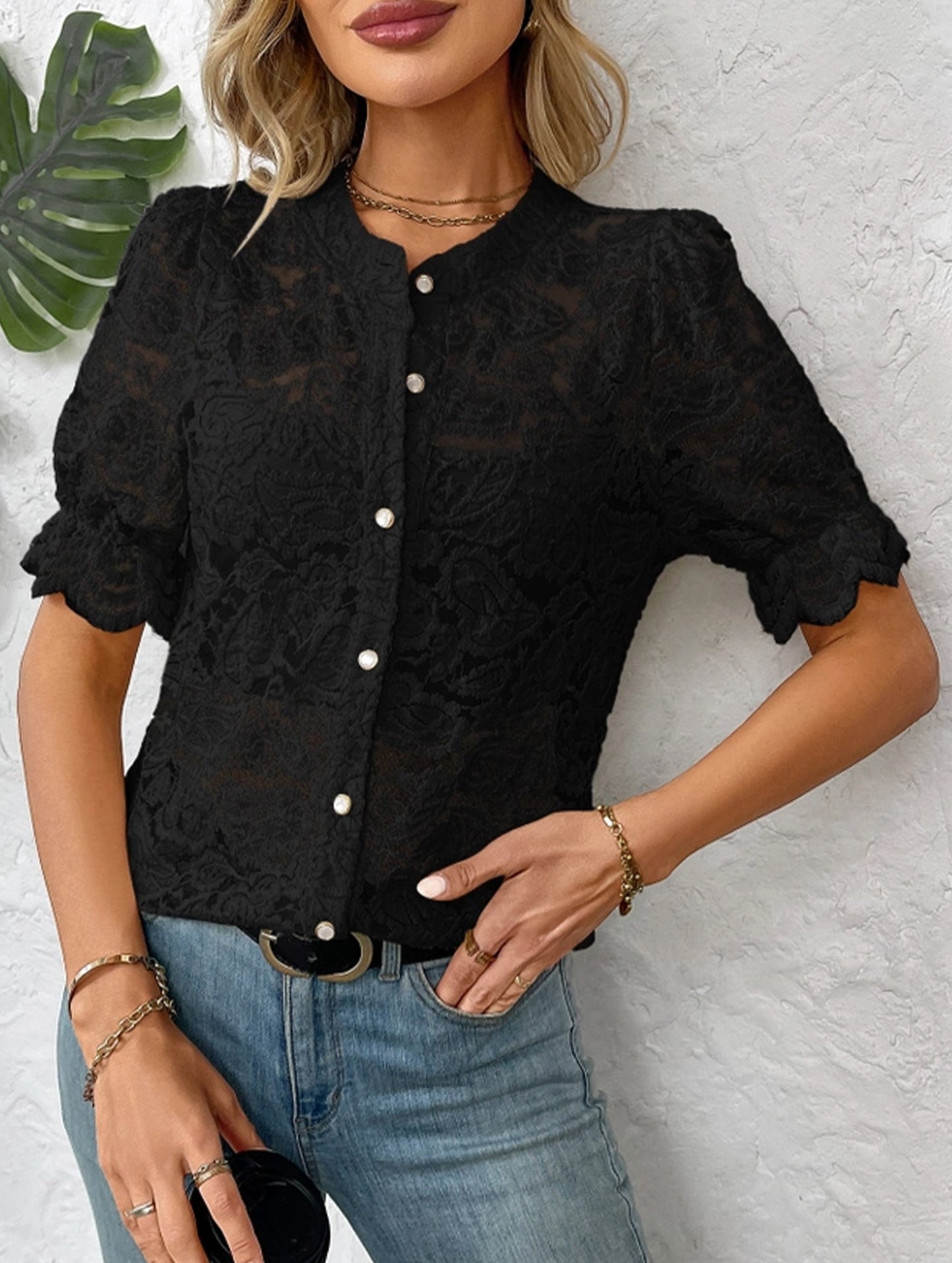 Lace Short Sleeve Button-Up Shirt ??Casual & Lightweight, S??œXL