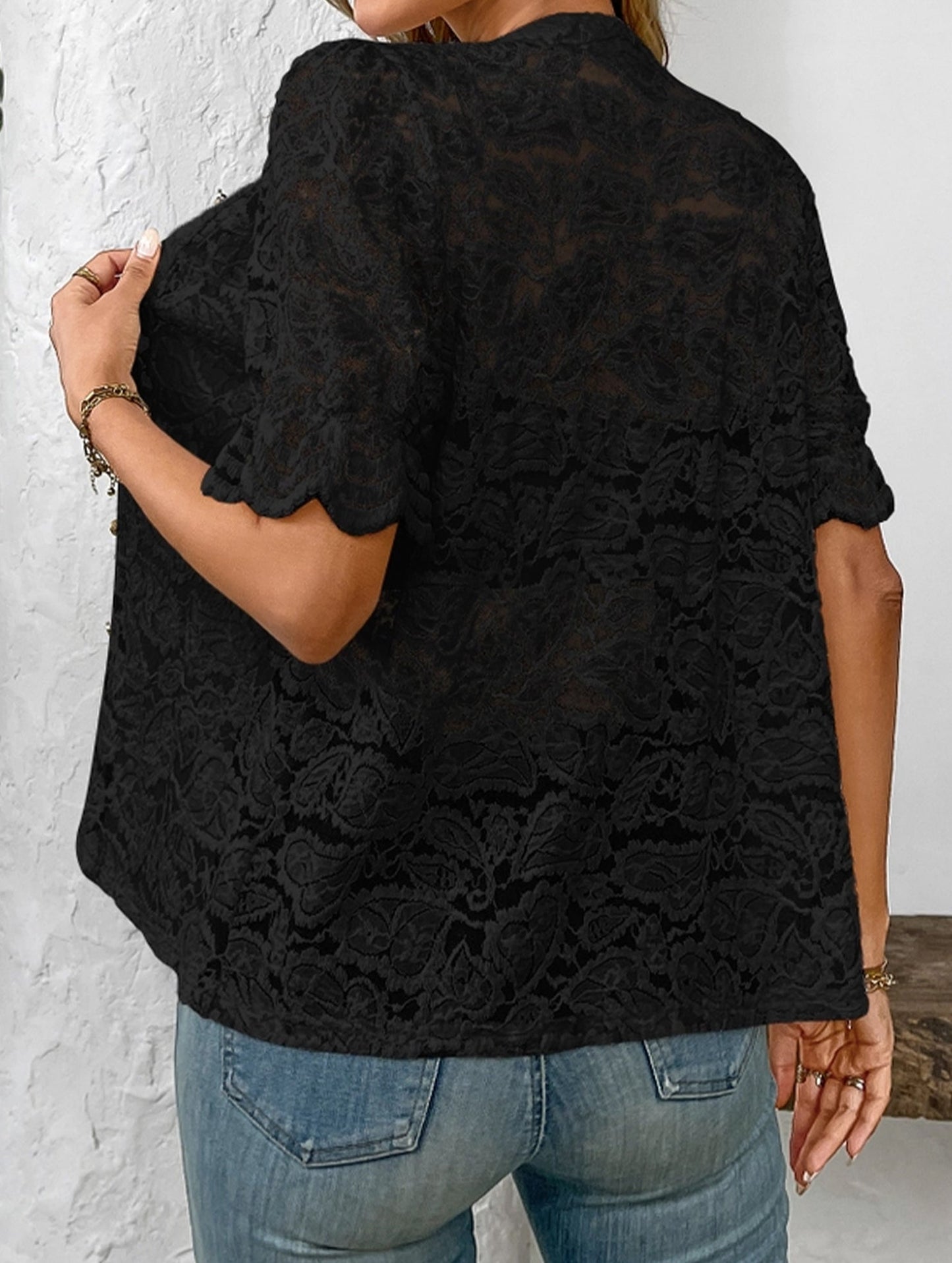 Lace Short Sleeve Button-Up Shirt ??Casual & Lightweight, S??œXL