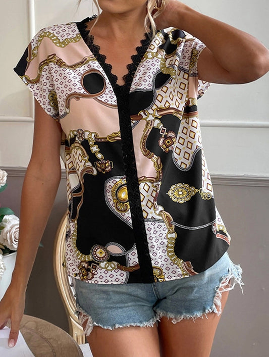 Casual V Neck Printed Short Sleeve Shirt with Loose Fit