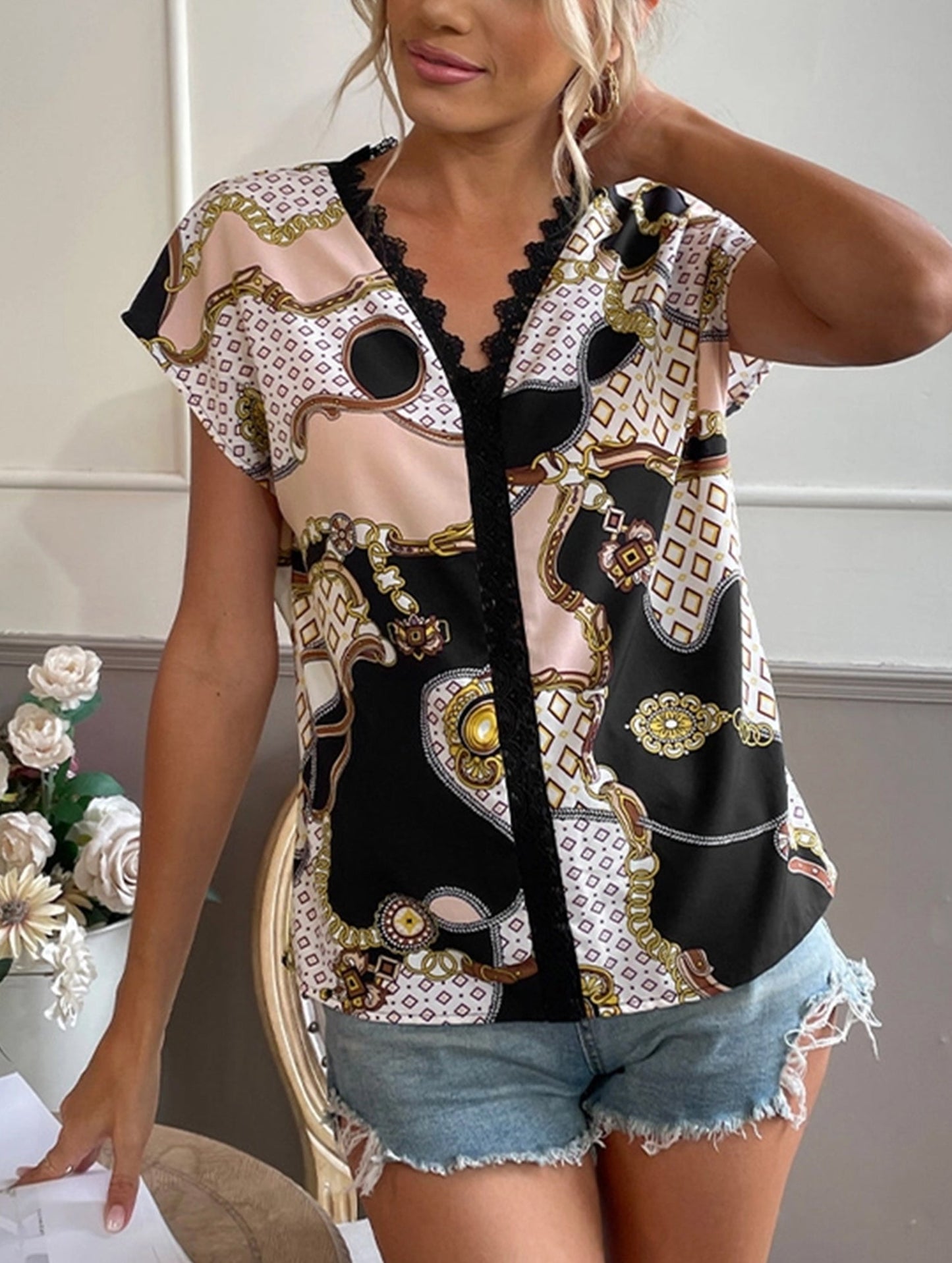 Casual V Neck Printed Short Sleeve Shirt with Loose Fit