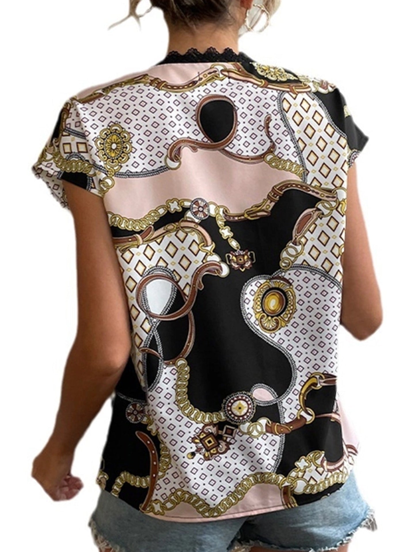 Casual V Neck Printed Short Sleeve Shirt with Loose Fit