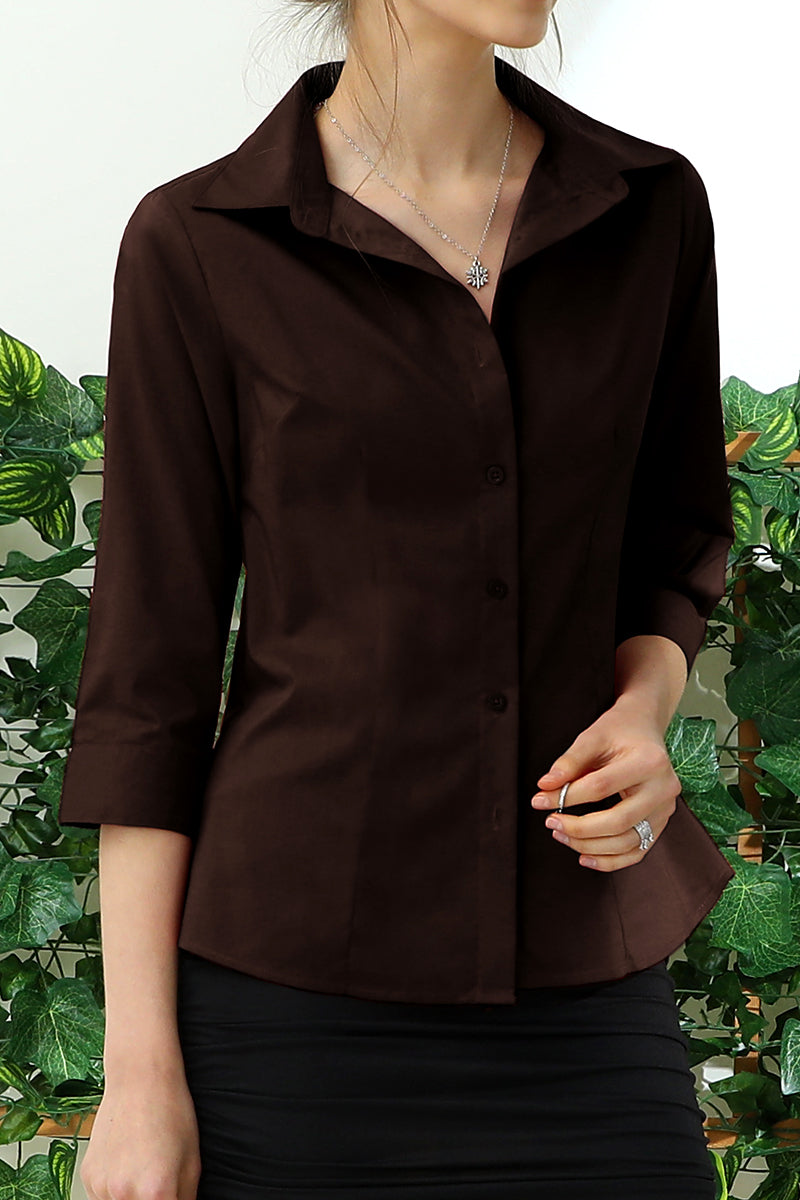 WOMENS BASIC SLIM FIT SIMPLE 3/4 SLEEVE BUTTON DOWN SHIRT WITH PLUS SIZE