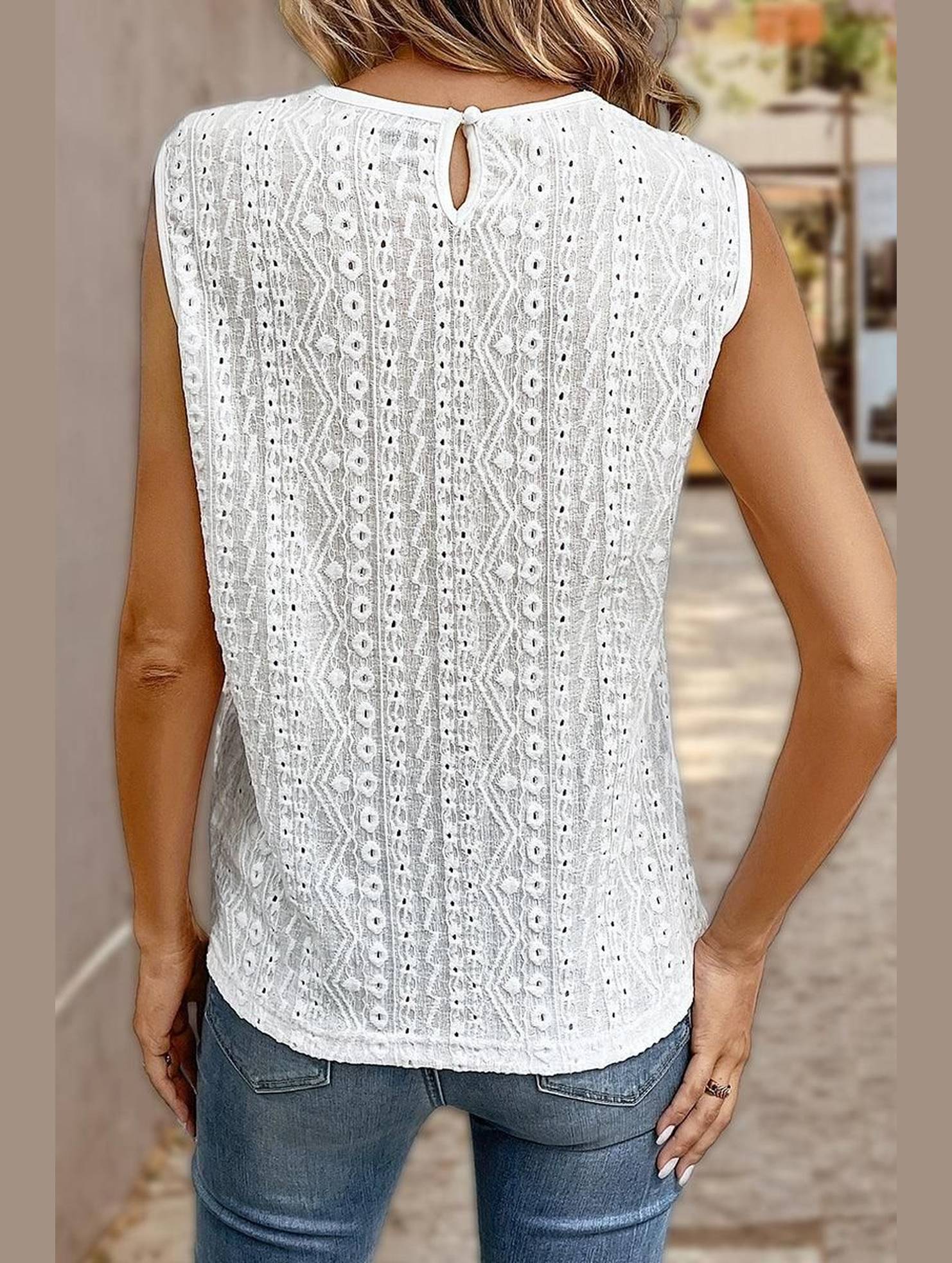 SEXY LACED NECK SLEEVELESS WOMEN EYELET T SHIRT - Doublju