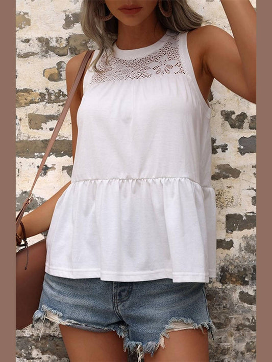 MESH LACED NECK TIERED SLEEVELESS TUNIC TOP - Doublju