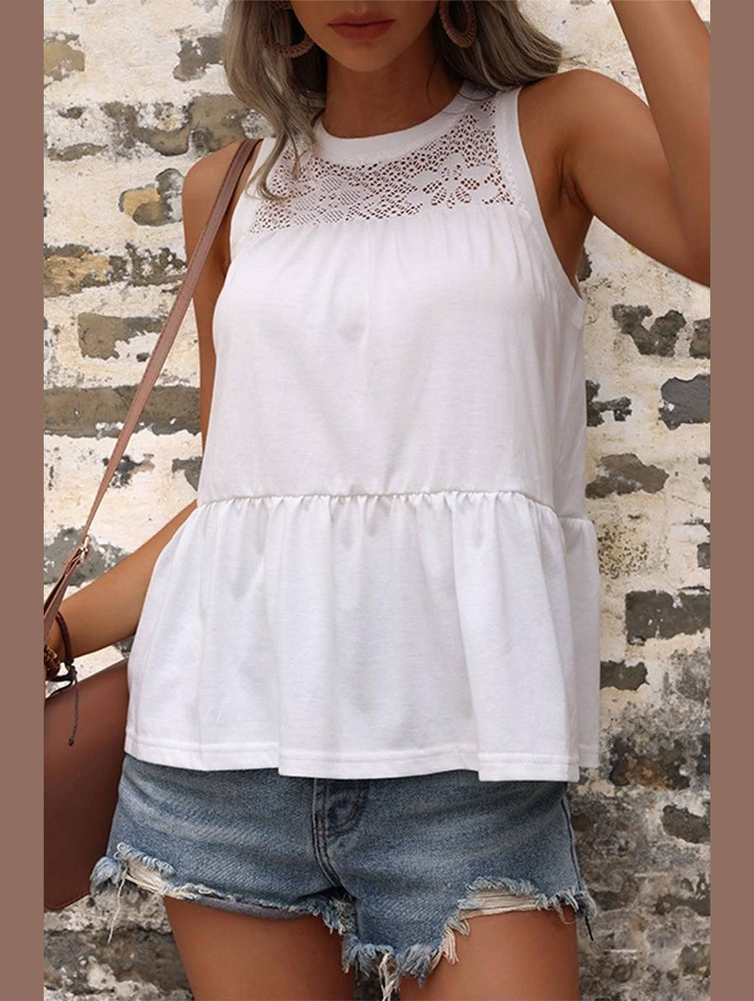 MESH LACED NECK TIERED SLEEVELESS TUNIC TOP - Doublju