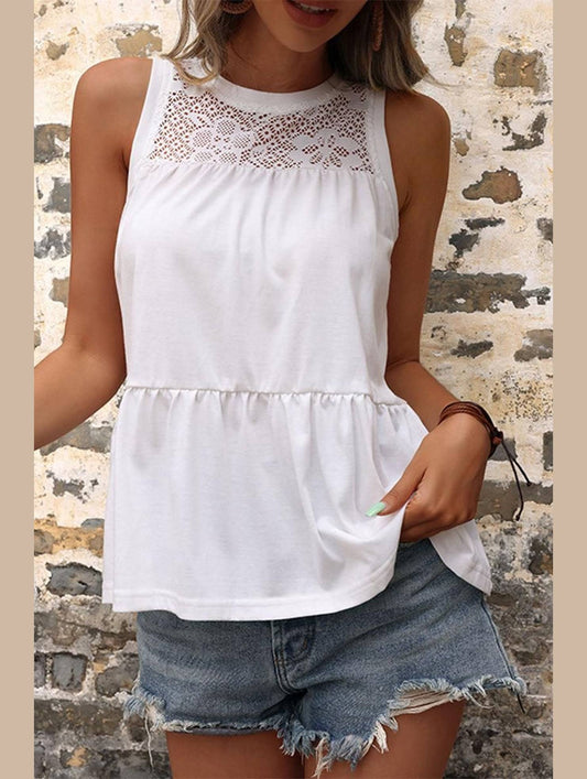 MESH LACED NECK TIERED SLEEVELESS TUNIC TOP - Doublju