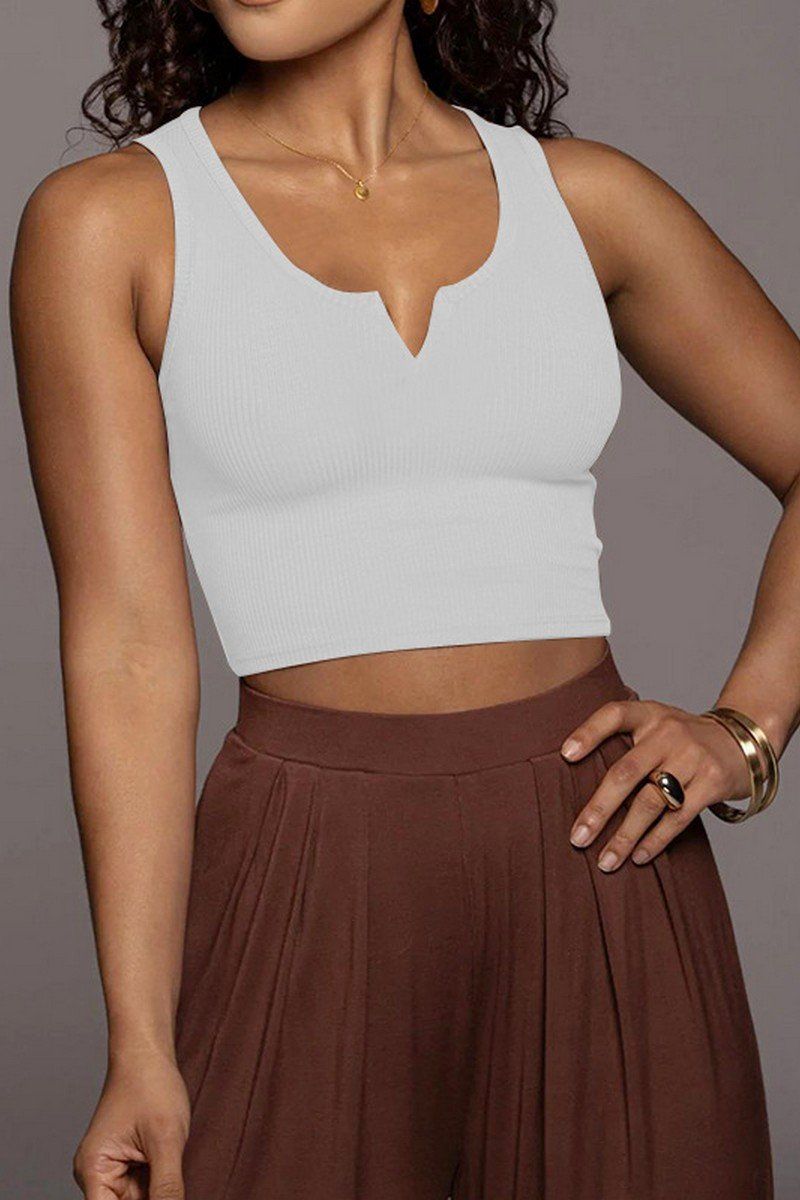 WOMEN SEXY SLIT U NECK TIGHT FITTED CROP TANK