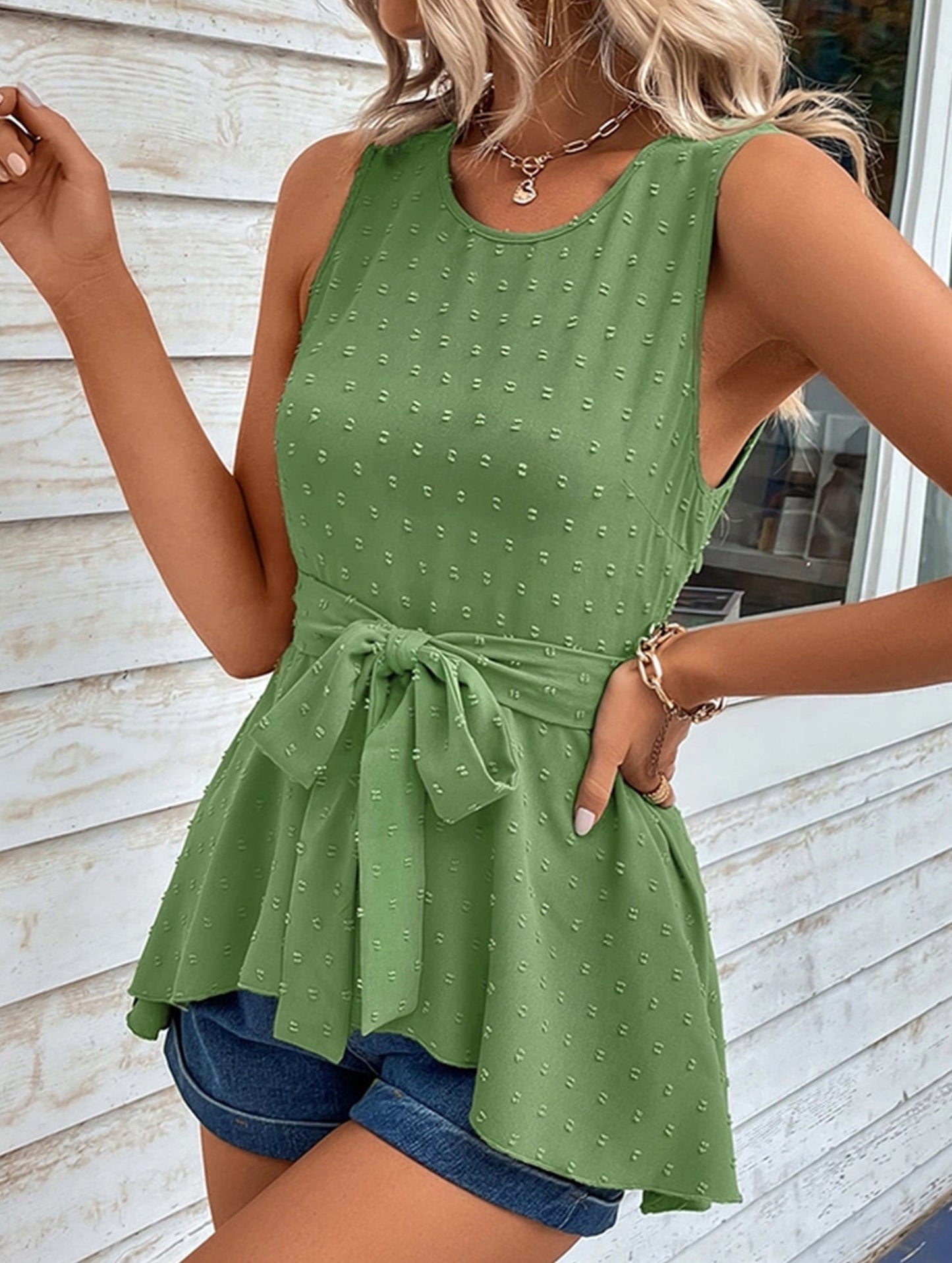 Sleeveless Round Neck Tie Solid Tank Top ??Casual Summer Blouse for Women