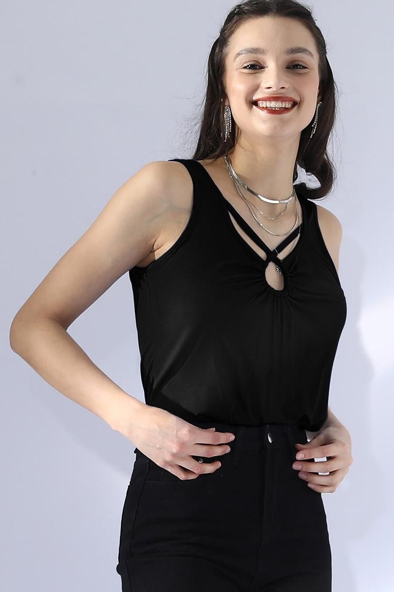 ROUND NECK CROSSOVER STRAPS SLEVEELESS TANK TOP - Doublju