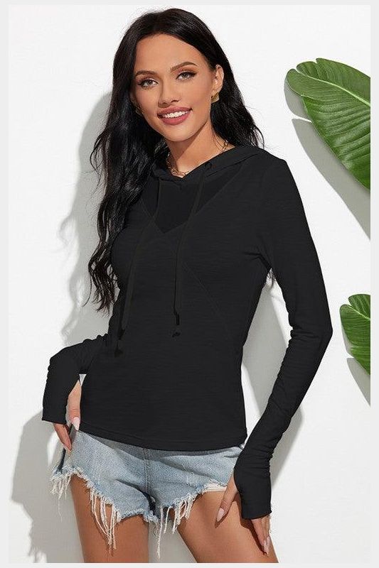 HOODED LONG SLEEVED SOLID COLOR T SHIRT - Doublju