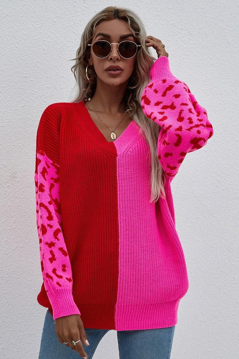 V NECK LEOPARD TOP - Doublju