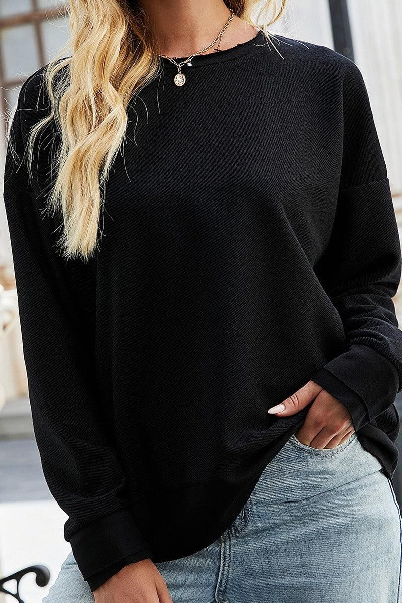 WOMEN OVERSIZED RIBBED LONG SLEEVE PULLOVER - Doublju