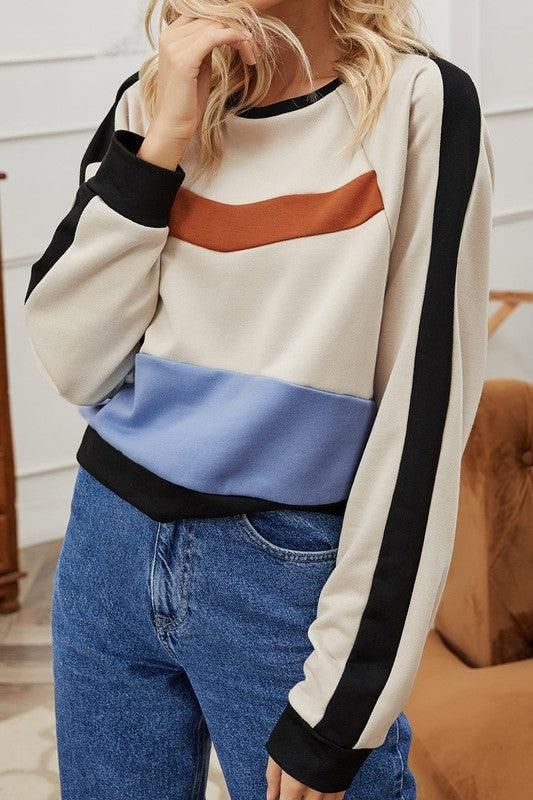 WOMEN'S COLOR BLOCK CREW NECK SHORT TOP - Doublju